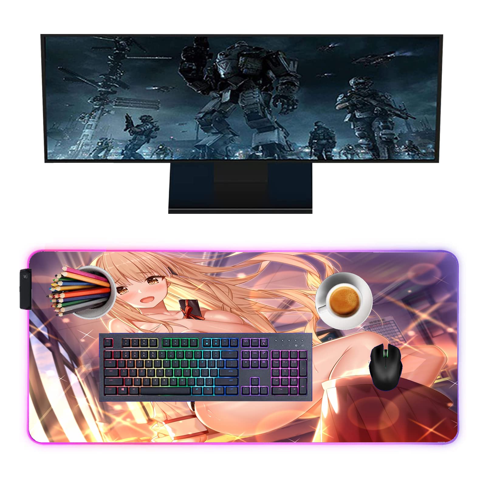 Anime Girl RGB Gaming Mouse Pad - Large 31.49 x 12 Inch LED Illuminated Desk Mat for Keyboard & Mouse | Perfect for PC Gamers, Streamers & Office Work