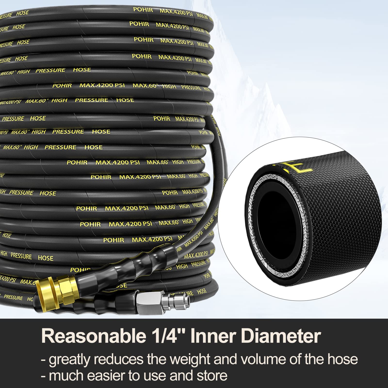 POHIR 125FT High Pressure Washer Hose with Quick Connector - for 4200 PSI Pressure Washers, Car & Home Cleaning