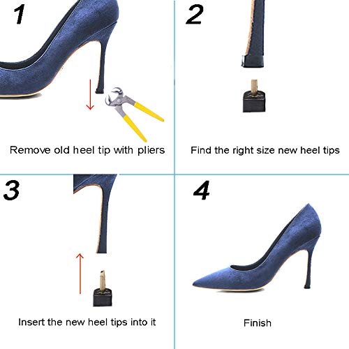 eMingo 24 Pairs High Heel Tips Replacement Kit - 6 Inch Stiletto Shoe Repair Caps with Removal Pliers (6 Sizes: 8/9/10/11/12/12.5mm, U-Shape, Black) - Perfect for Damaged Heels, DIY Shoe Repair & Professional Cobblers