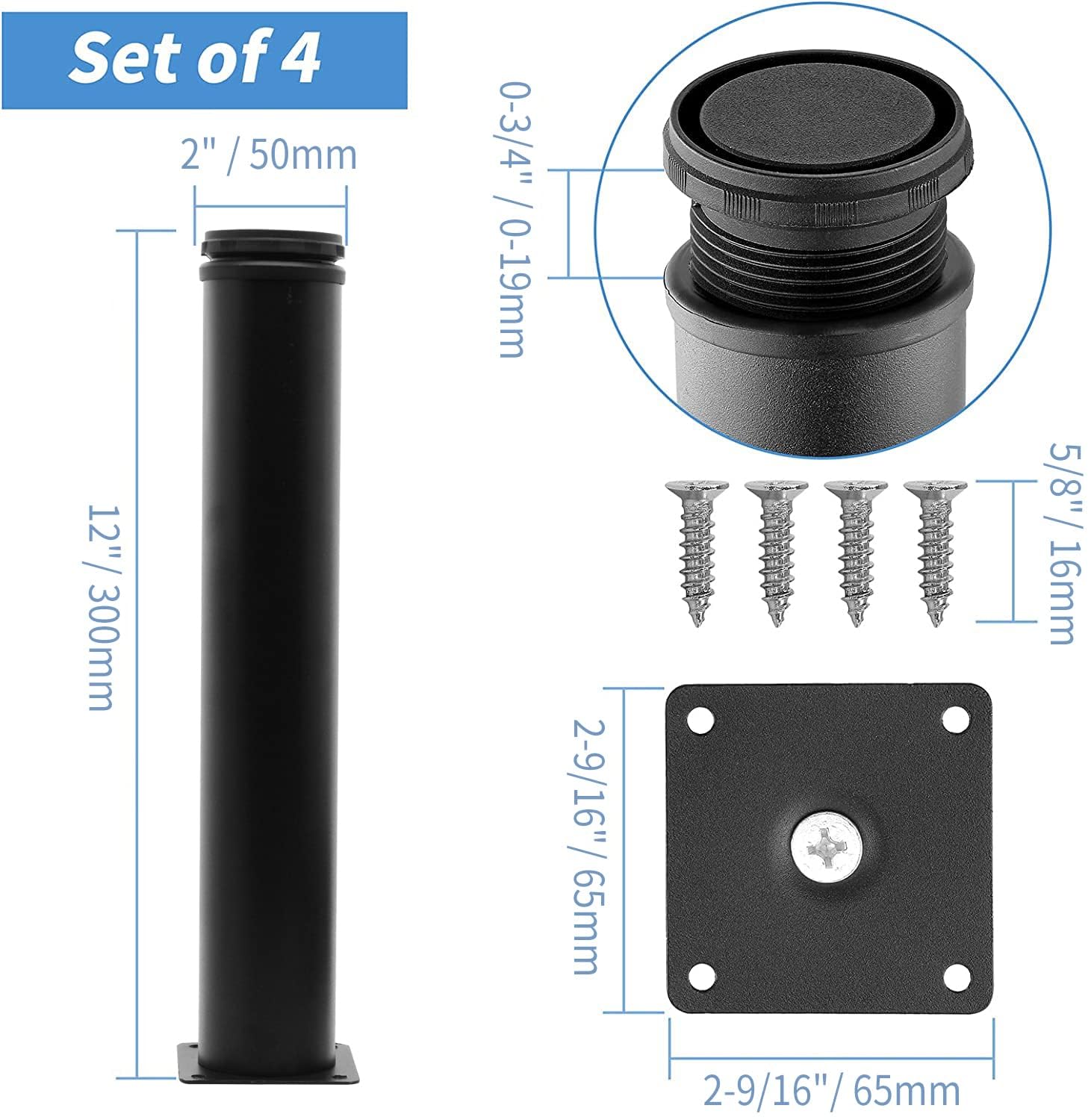 12 Inch Adjustable Stainless Steel Metal Furniture Legs - Round Black Cabinet Legs for Coffee Table, Desk, Sofa & Shelves (Set of 4) - Perfect for Modern Home & Office Furniture Upgrade