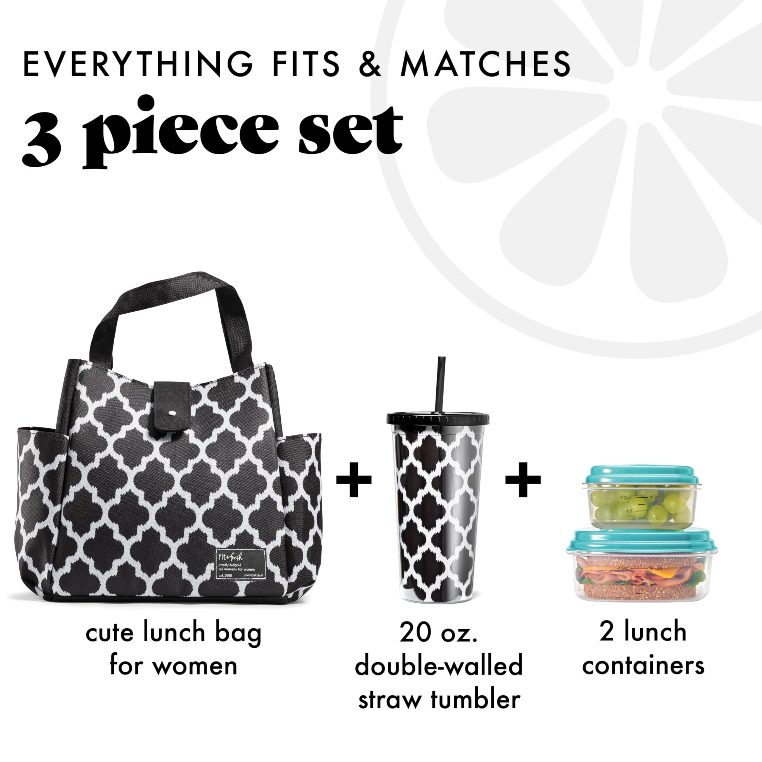 Fit & Fresh Insulated Lunch Bag for Women - Leakproof, Stain-Resistant Large Lunch Box with Containers & Matching Tumbler - Perfect for Work, Office, School & Picnics - Westport Bag in Black/White