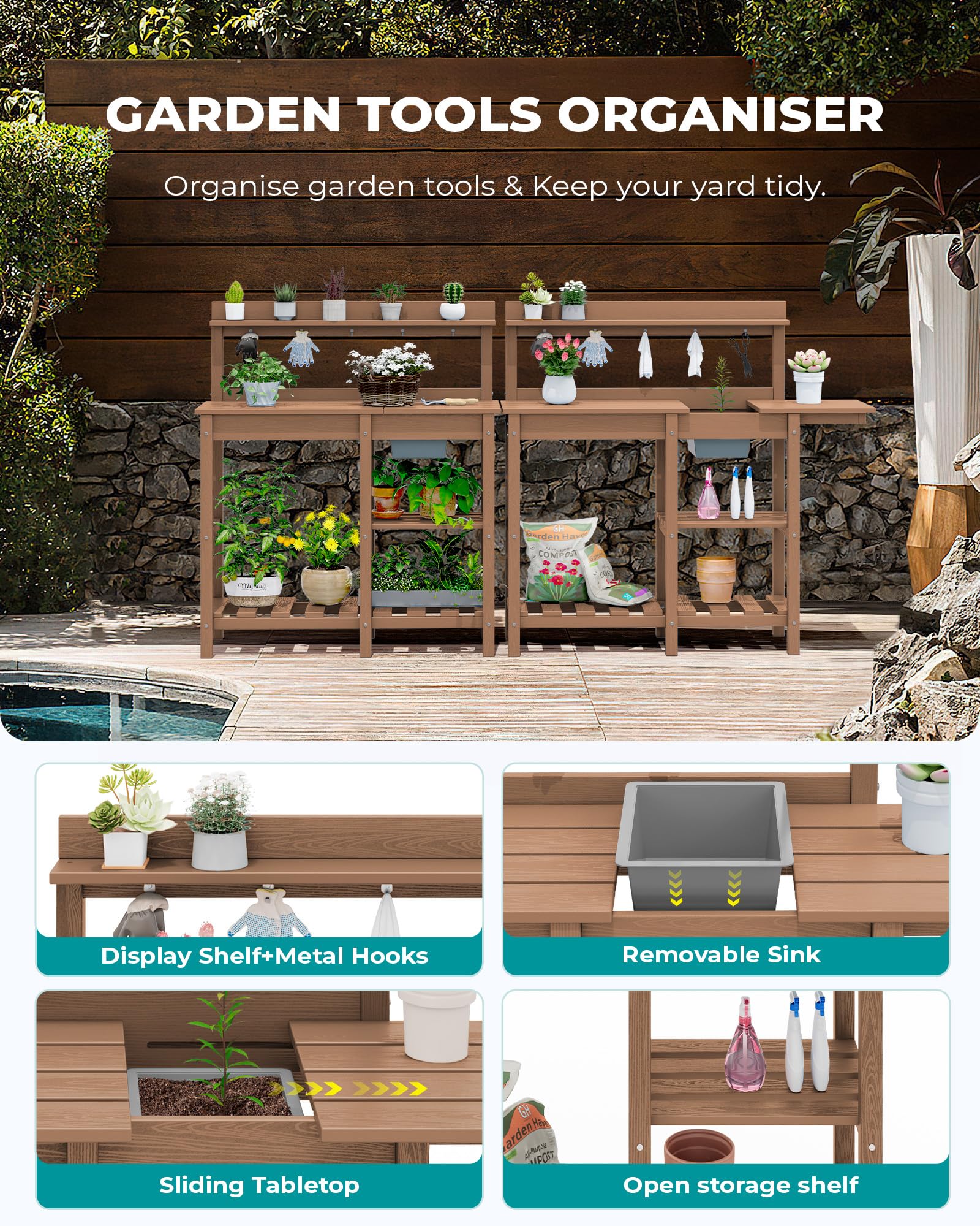 SERWALL Outdoor Potting Bench with Sink - Heavy Duty HDPE All-Weather Gardening Table for Planting, Transplanting & Potting - Perfect for Backyard, Greenhouse & Garden Shed Use (Brown)