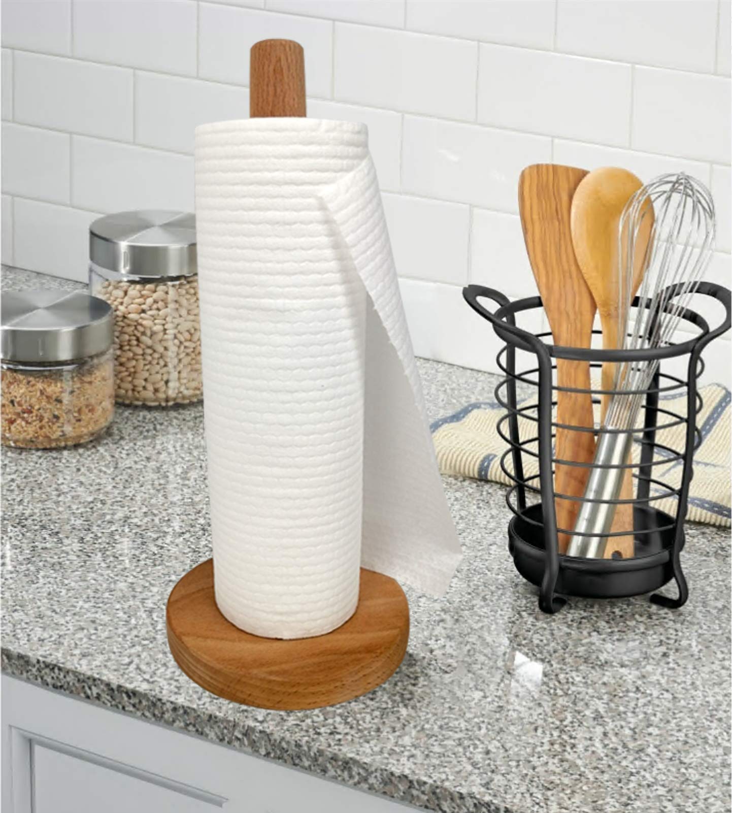 Wooden Paper Towel Holder - Countertop Standing Roll Dispenser Organizer for Kitchen & Dining Table | Rustic Home Decor for Farmhouse, Modern & Traditional Kitchens