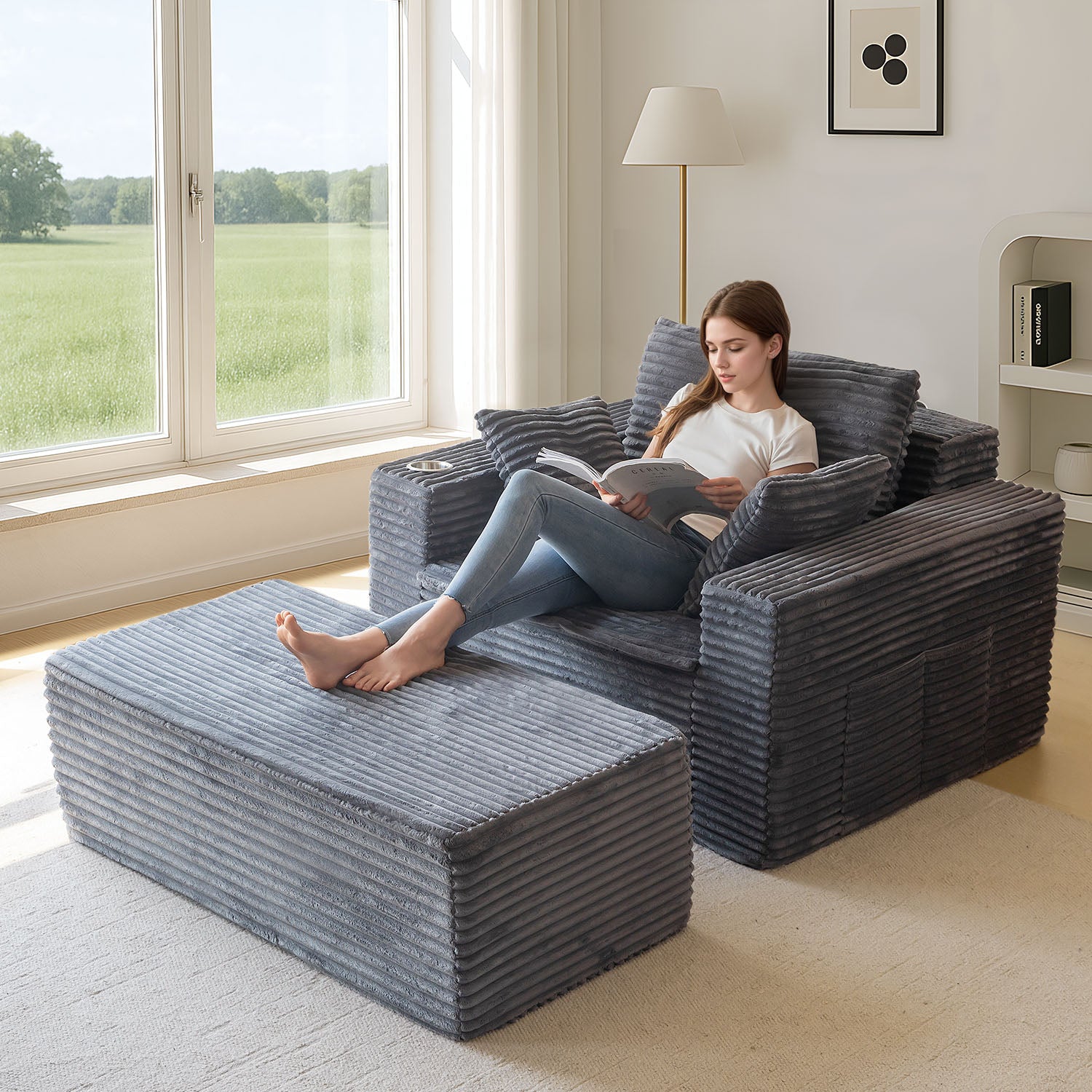 MAXYOYO 65x49 Oversized Chaise Lounge Sofa - Ultra Comfortable Cloud Couch with 3 Pillows, Dark Grey - Perfect for Living Room, Bedroom & Home Office Relaxation