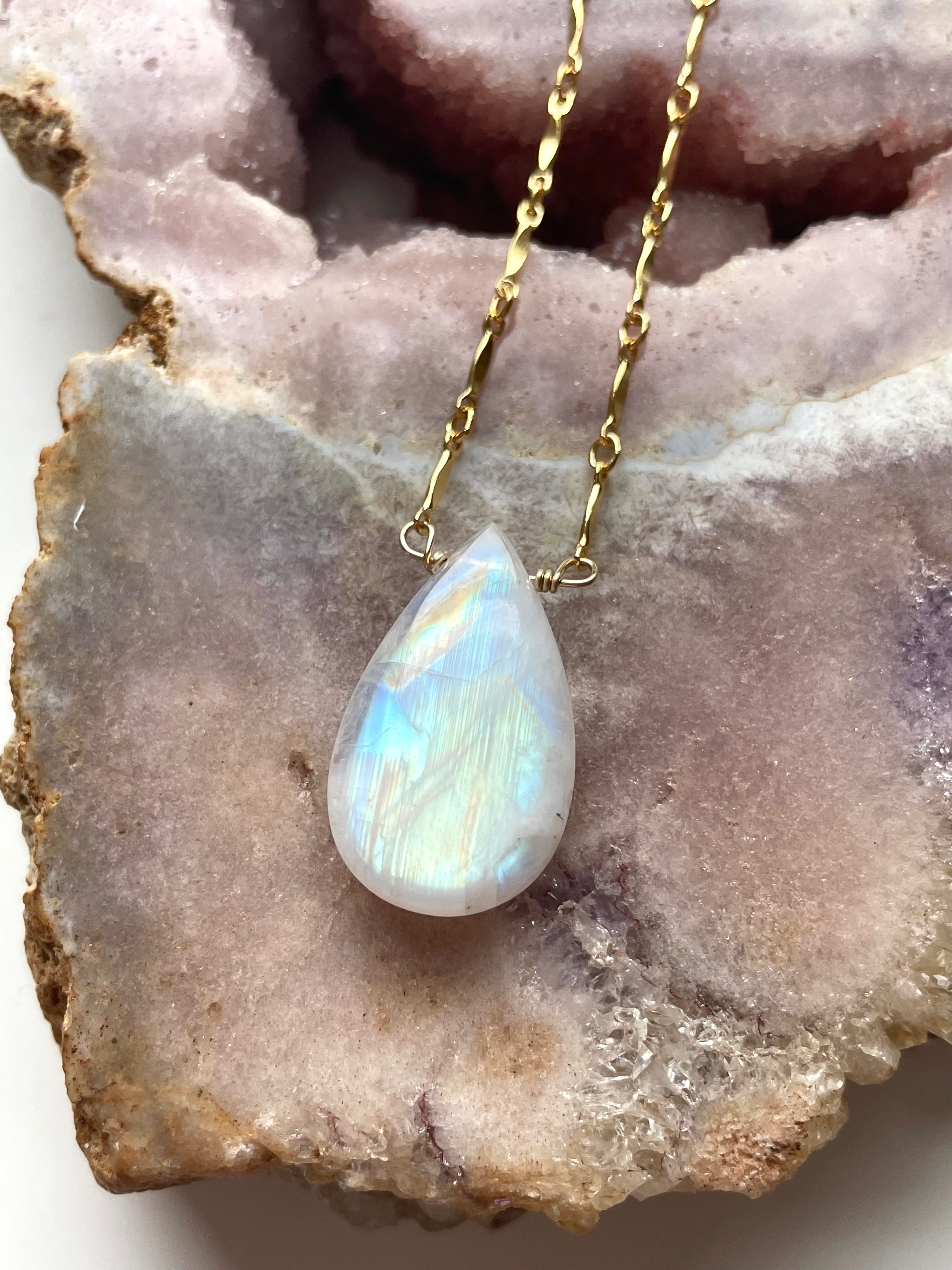 Large Statement Rainbow Moonstone Necklace 14K Gold Filled – Elegant Boho Jewelry for Women, Perfect for Weddings, Parties & Everyday Wear