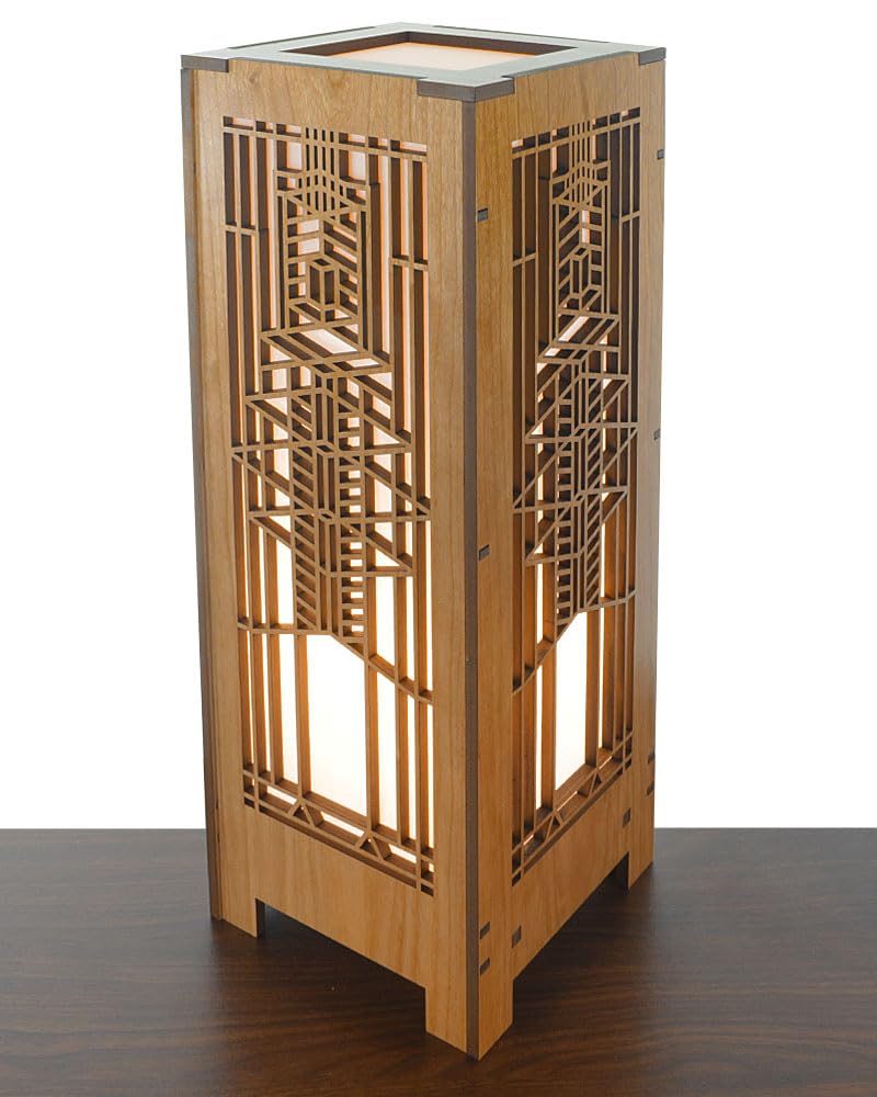 Frank Lloyd Wright Robie Art Glass Lightbox Accent Lamp - Cherry Wood Table Lamp for Living Room, Bedroom, Office Decor & Gift Idea