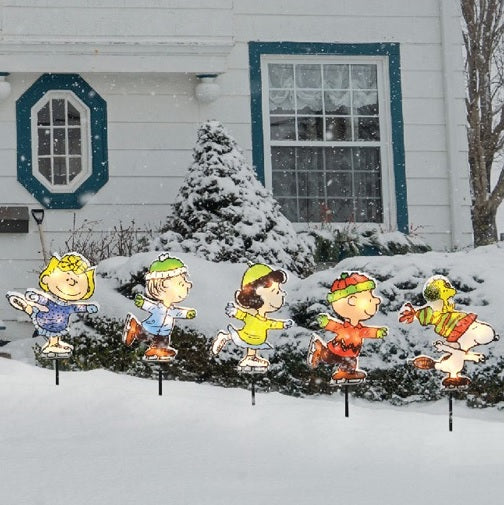 26 Peanuts Christmas Skating Pathway Markers - Set of 5 Outdoor Holiday Decorations for Yard, Garden & Driveway
