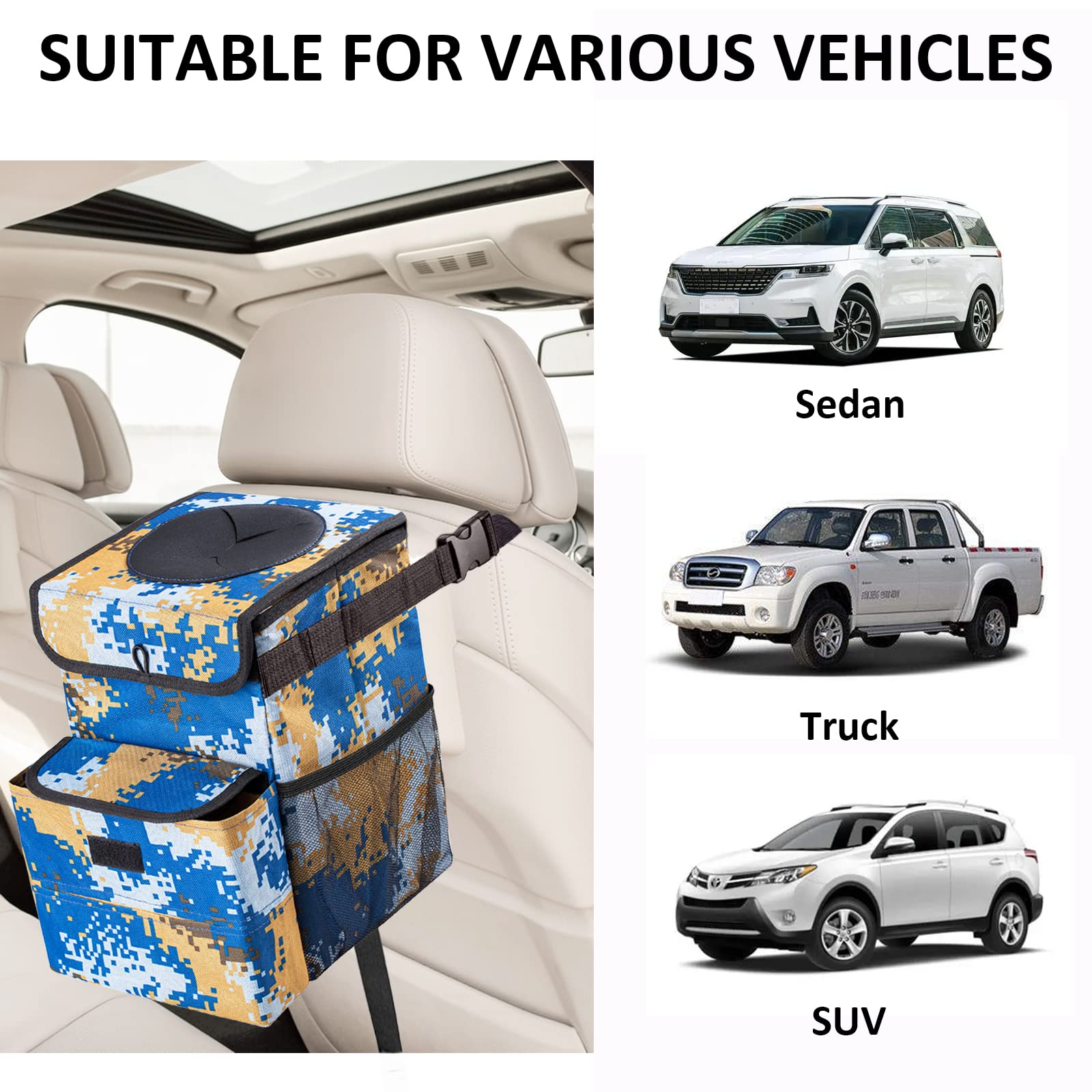 AUTODECO Waterproof Car Trash Can with Lid - 3 Gallon Vehicle Garbage Bin, Camouflage Blue - Perfect for Road Trips, Camping & Daily Commute