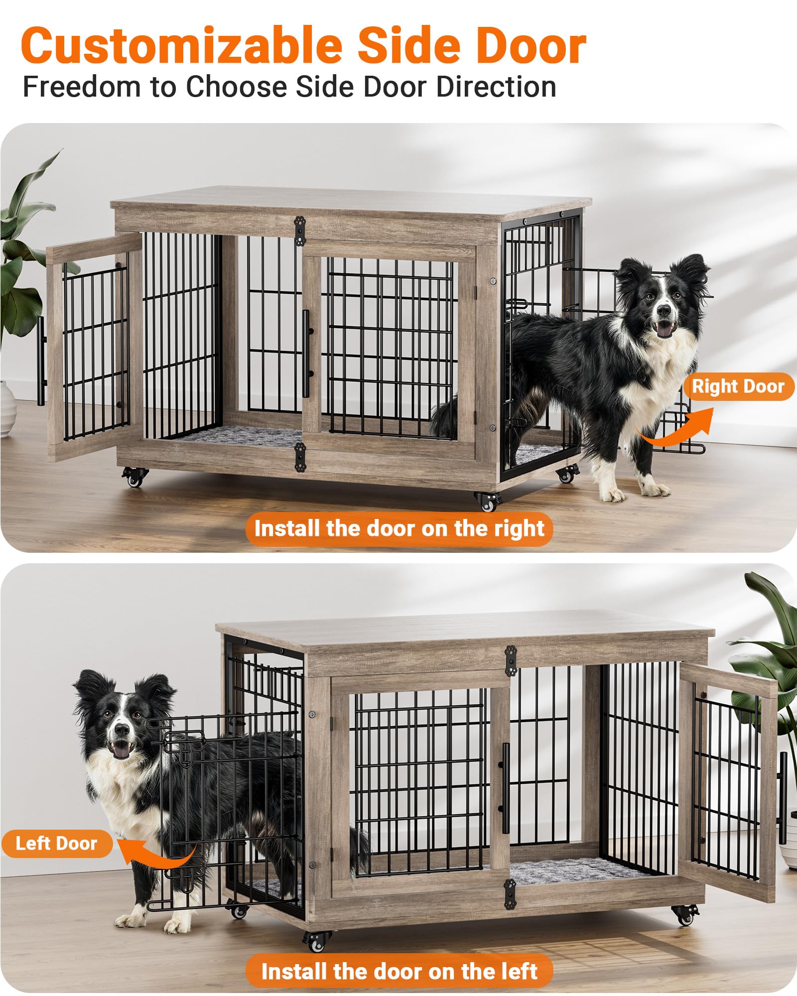 Premium Wooden Dog Crate Furniture with Cushion - Large Indoor Dog Kennel with Double Doors & Wheels - 38.5