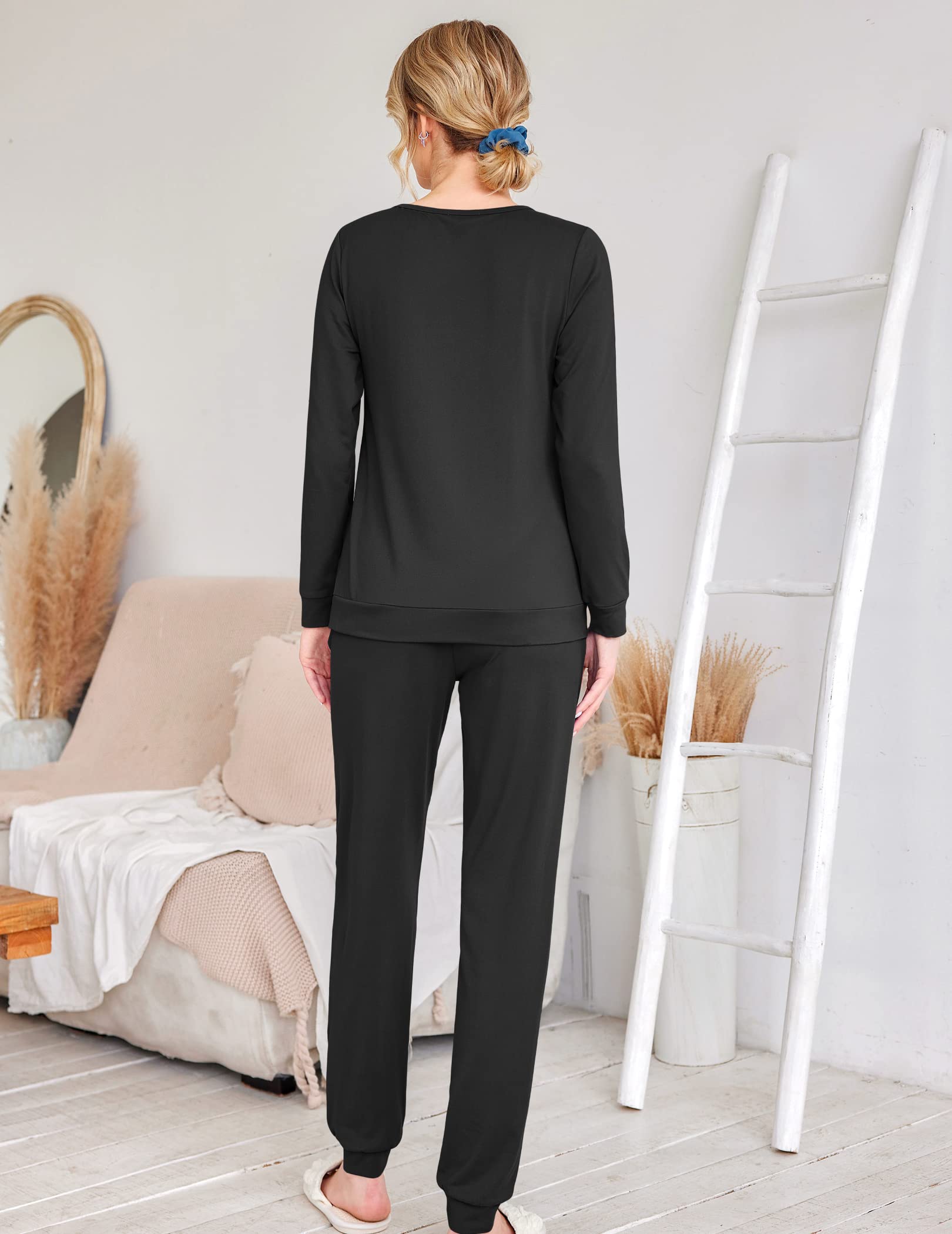 Ekouaer Women's Long Sleeve Jogger Pajama Set - Soft Sleepwear with Pockets, Round Neck Lounge Pjs for Nightwear & Comfortable Home Wear - Perfect for Sleeping, Lounging and Relaxing at Home