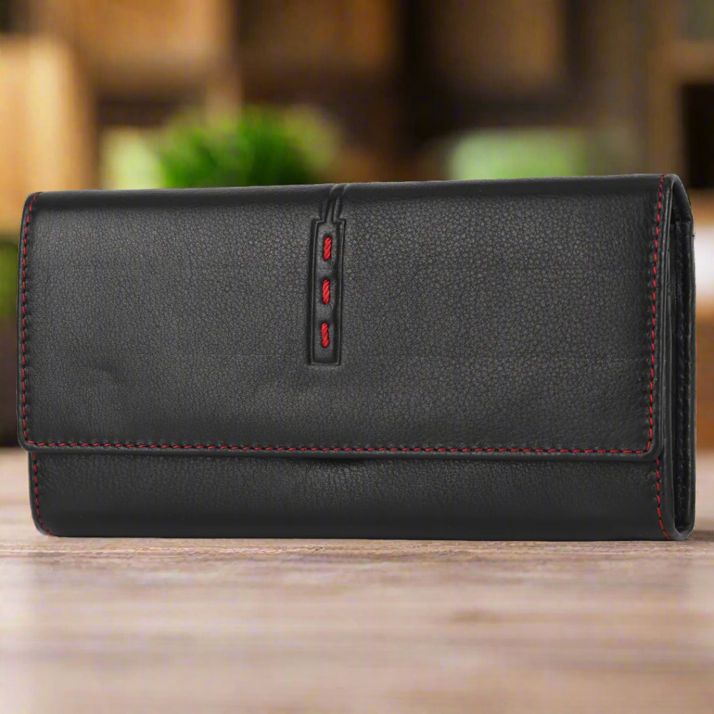 MET Road Women's Red Stitch Leather Wallet - Slim RFID Blocking Bifold Wallet for Women - Perfect for Everyday Use, Travel & Gift Giving