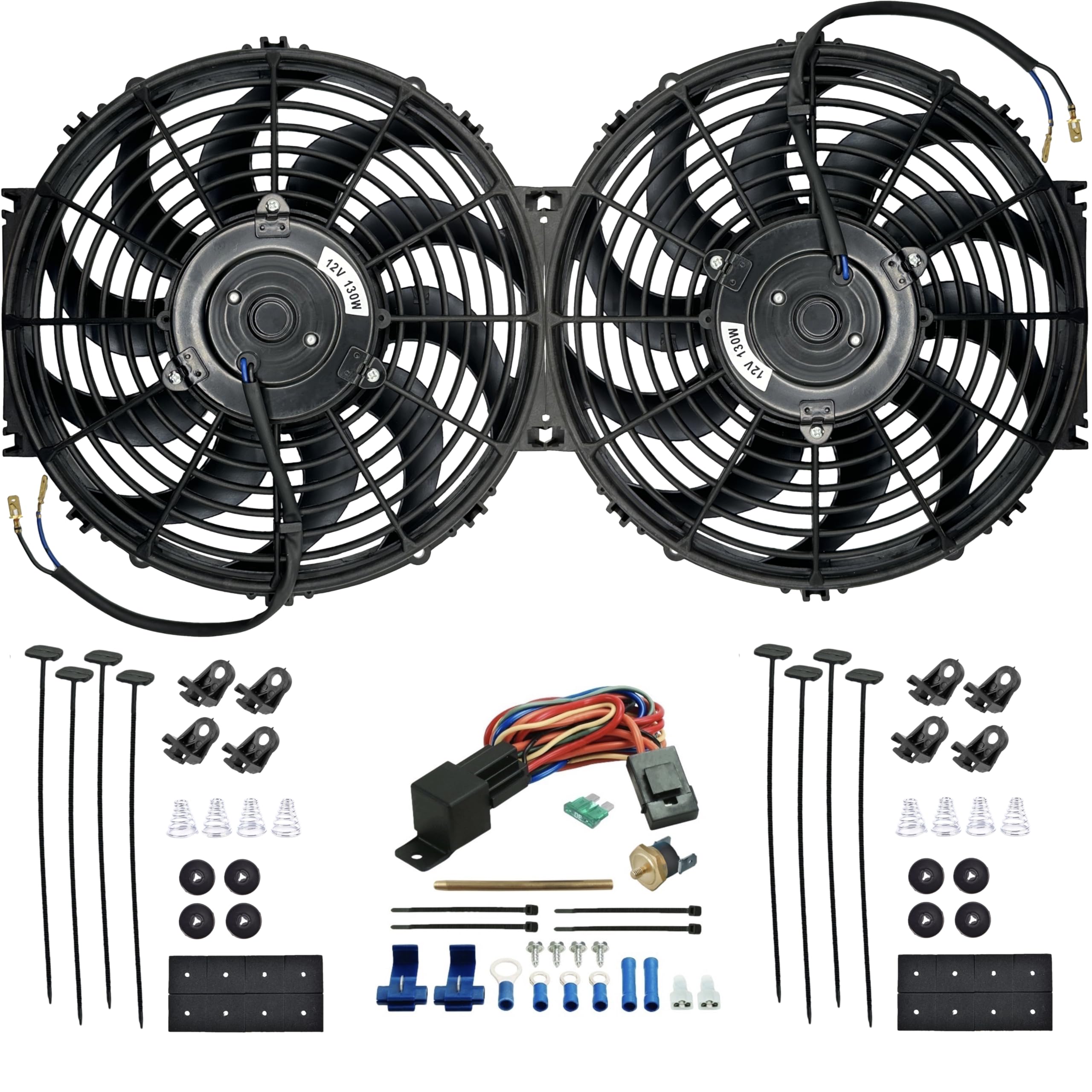12-13 Inch Dual Black High-Power 120W Electric Radiator Fan with Brass Probe & 180°F Thermostat Switch - Universal Automotive Relay Wiring Kit for Cars & Trucks - Ideal for Engine Cooling and Overheating Prevention