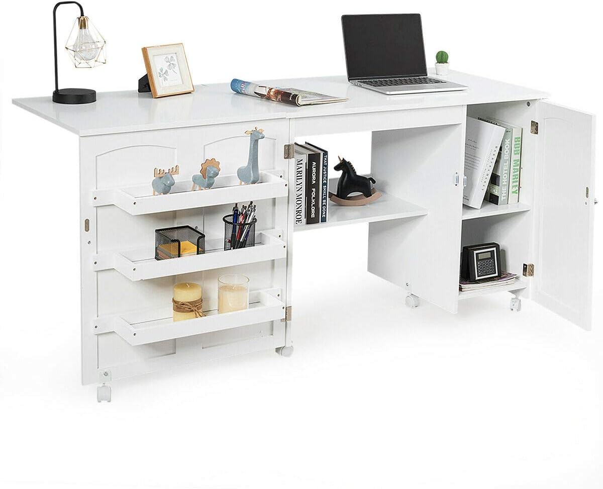 Foldable Sewing Craft Table with 3 Storage Bins & Shelf - Mobile Sewing Cabinet with Locking Wheels, White Space-Saving Workstation for Sewing Machines & Craft Projects - Perfect for Apartments, Small Spaces & Home Studios