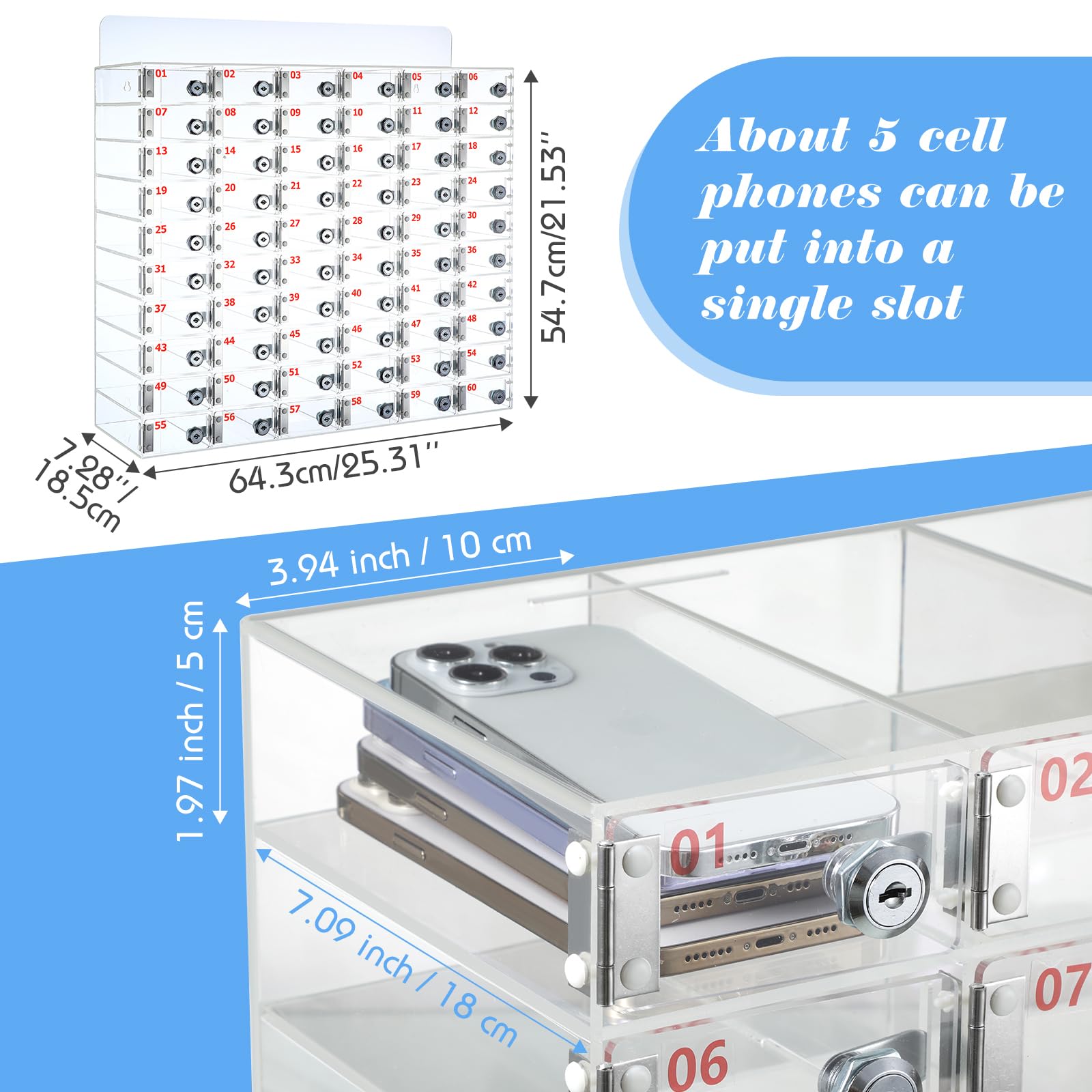 60-Slot Clear Acrylic Cell Phone Locker Box with Door Locks & Keys - Wall Mounted Phone Storage Cabinet for Classroom, School, Office (29.13