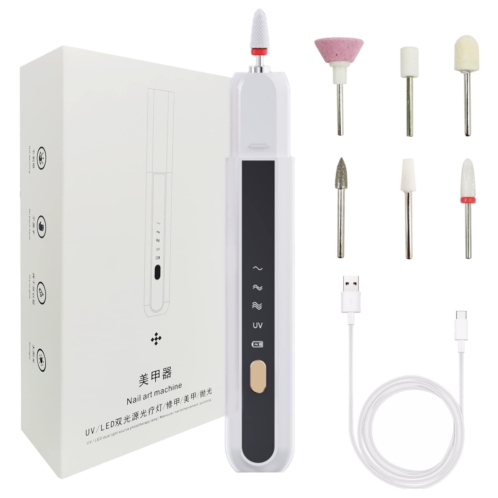 Professional Electric Nail File Kit - Wireless Portable Nail Drill with LED Drying Lamp, 3-Speed Adjustable & 6 Polishing Heads for Manicure Pedicure - Long Battery Life for Home Salon & Travel Nail Care (White)
