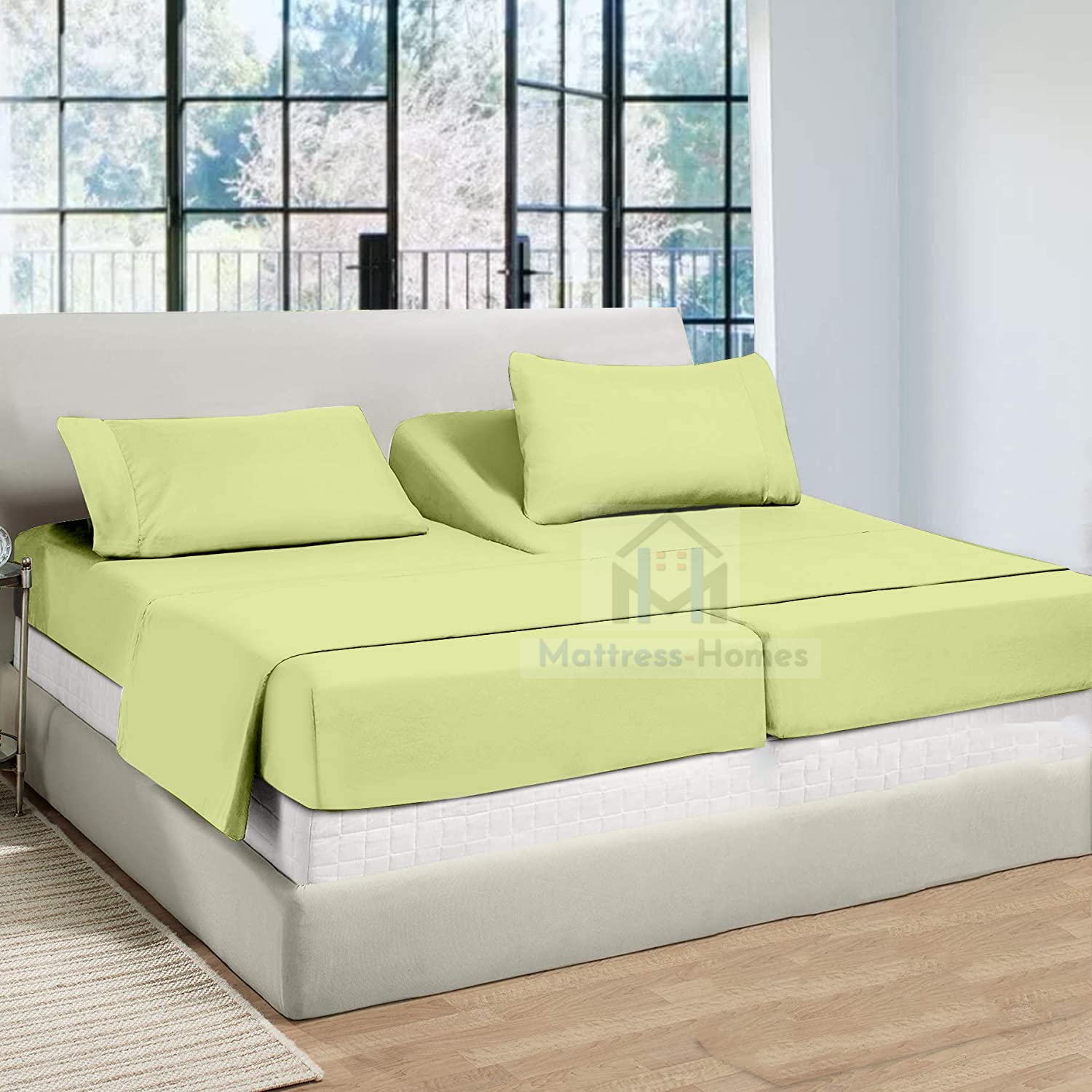 Split King Sheets Set - 5 Piece 600 Thread Count 100% Long Staple Soft Combed Cotton for Adjustable Beds - Sage Green - Perfect for Sleep Comfort & Adjustable Bed Frames