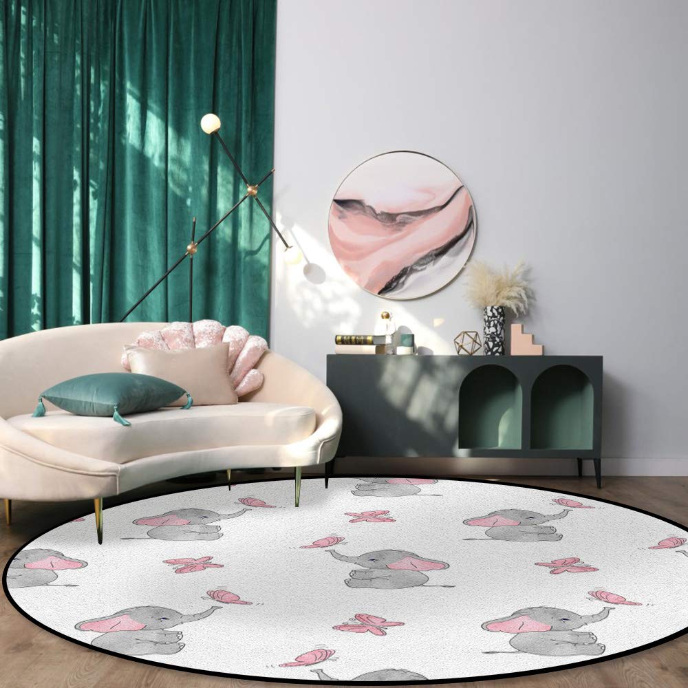Soft Round Area Rugs for Kids - Elephant Nursery Decor Play Mat | Non-Slip Baby Crawling Rug for Living Room, Dining Room & Nursery | Cute Elephant & Butterfly Design | 3Ft (36In) - Perfect for Playtime, Learning & Safe Crawling