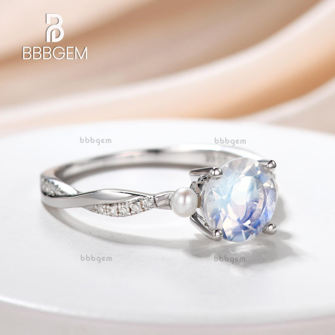 Infinity Round Cut Moonstone Engagement Ring with Akoya Pearl - 14K White Gold Three Stone Wedding Band for Bridal, Anniversary & Special Occasions