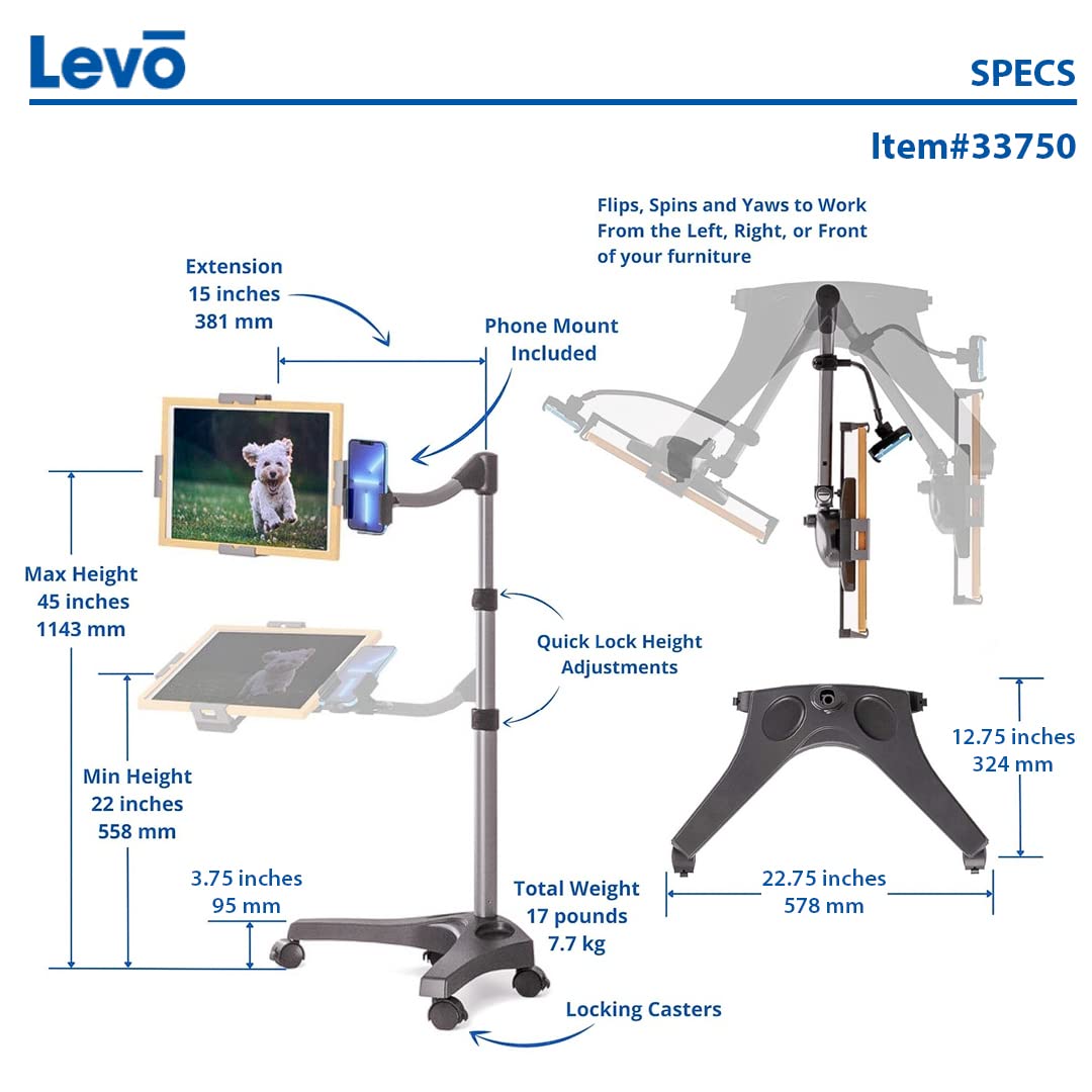 LEVO G2 Essential Tablet Floor Stand - Adjustable Holder for iPad, iPad Pro, iPad Mini, Samsung Galaxy, Microsoft Surface, Amazon Fire & More - Perfect for Home, Office & Bedroom Use - Black