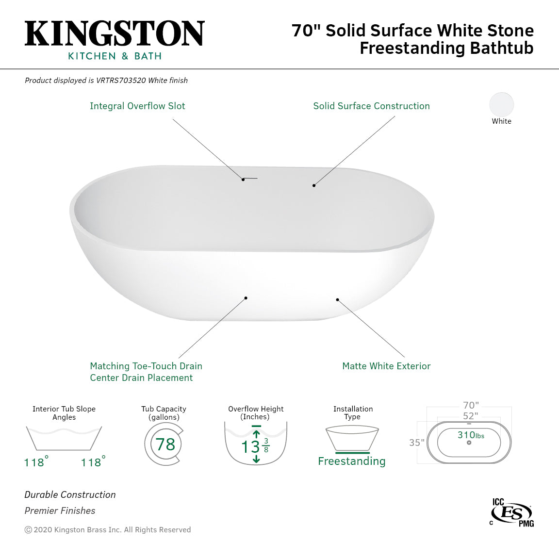 Arcticstone 70 Inch Freestanding Oval Bathtub - Matte White Solid Surface Double Ended Soaking Tub with Drain | Perfect for Luxury Bathrooms & Spa Retreats
