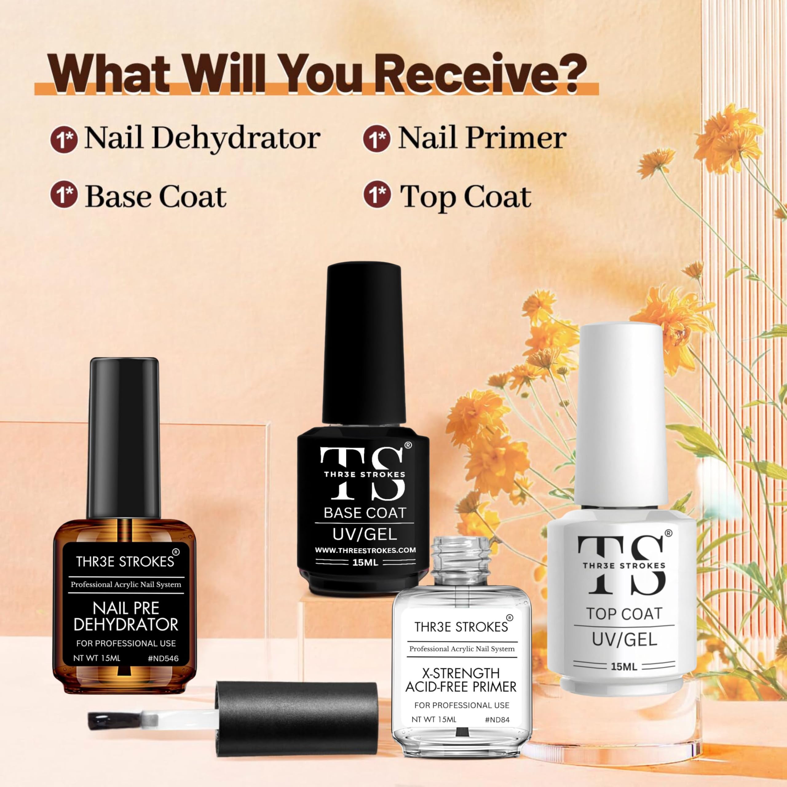 THR3E STROKES Nail Dehydrator & Primer Set with Gel Base & Top Coat - Acid-Free Acrylic Nail Supplies for Professional Manicures - Includes Primer, Glossy Gel Polish & Top Coat Starter Kit (15ML X 4) - Perfect for Salon & Home Nail Art (UV Lamp Required)