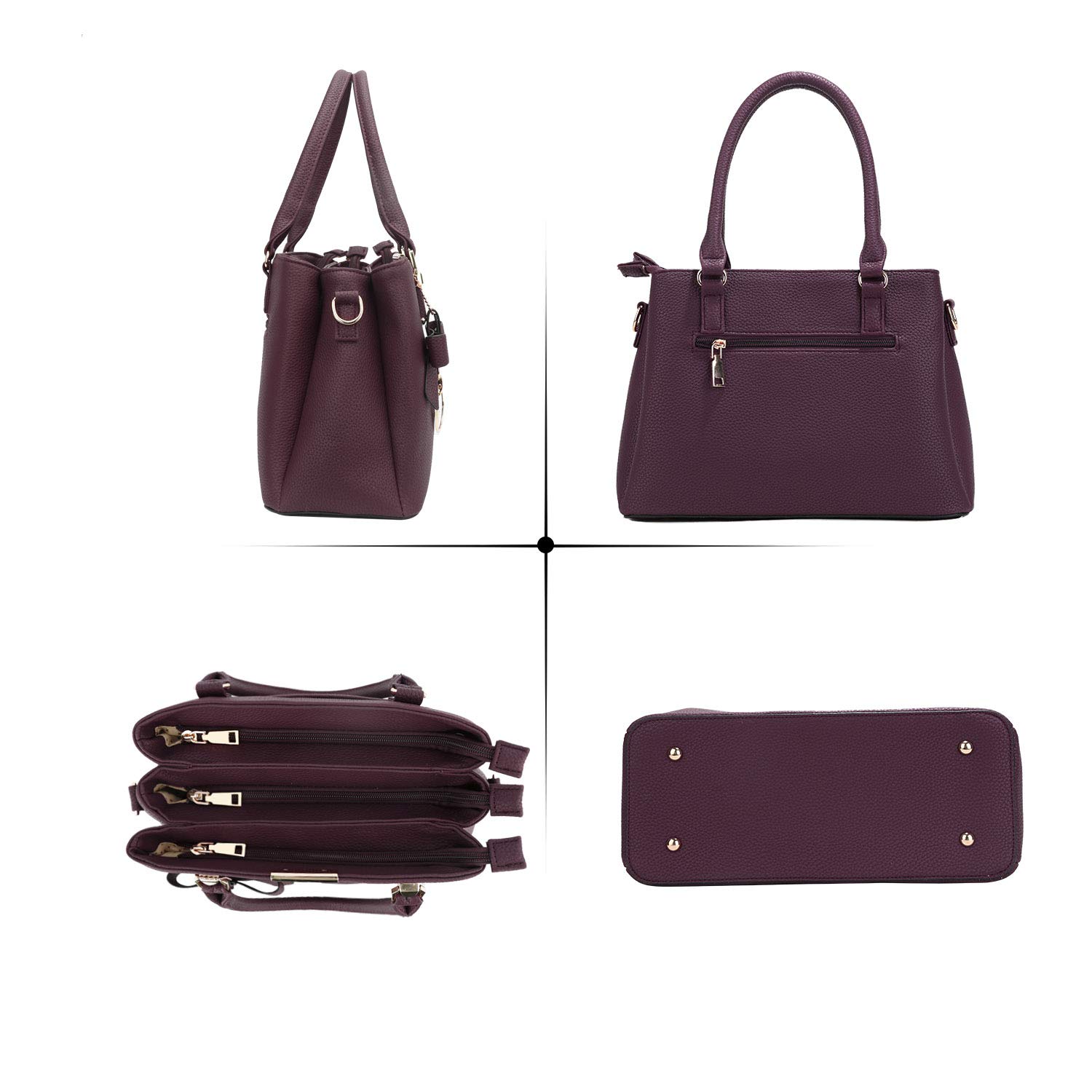 KKXIU Women's Leather Top Handle Satchel Shoulder Bag with 3 Zippered Compartments - Stylish Purse for Work, Travel & Everyday Use