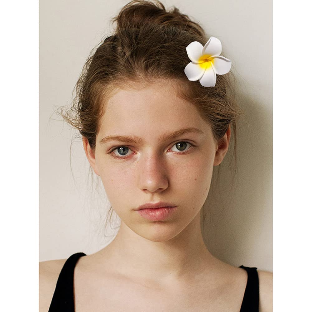 12 PCS Women's Hawaiian Plumeria Flower Hair Clips - Floral Hairpins for Beach, Wedding, Party & Vacation - Yellow Foam Hair Accessories for Summer, Bridal, Boho & Tropical Styles