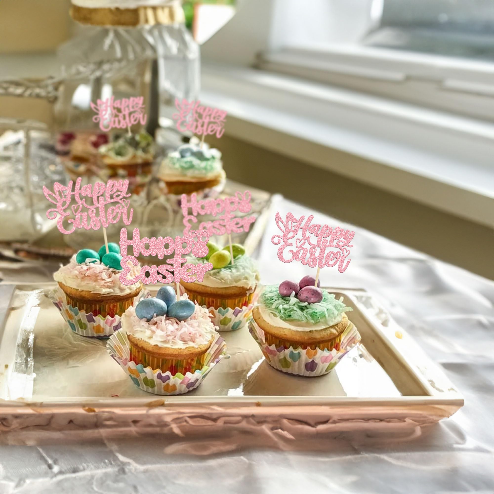 Pink Glitter Easter Bunny Cupcake Toppers - 24Pcs Happy Easter Cake Decorations for Easter Party, Spring Birthday & Baby Shower - Adorable Bunny Toppers for Cupcakes, Cakes & Desserts