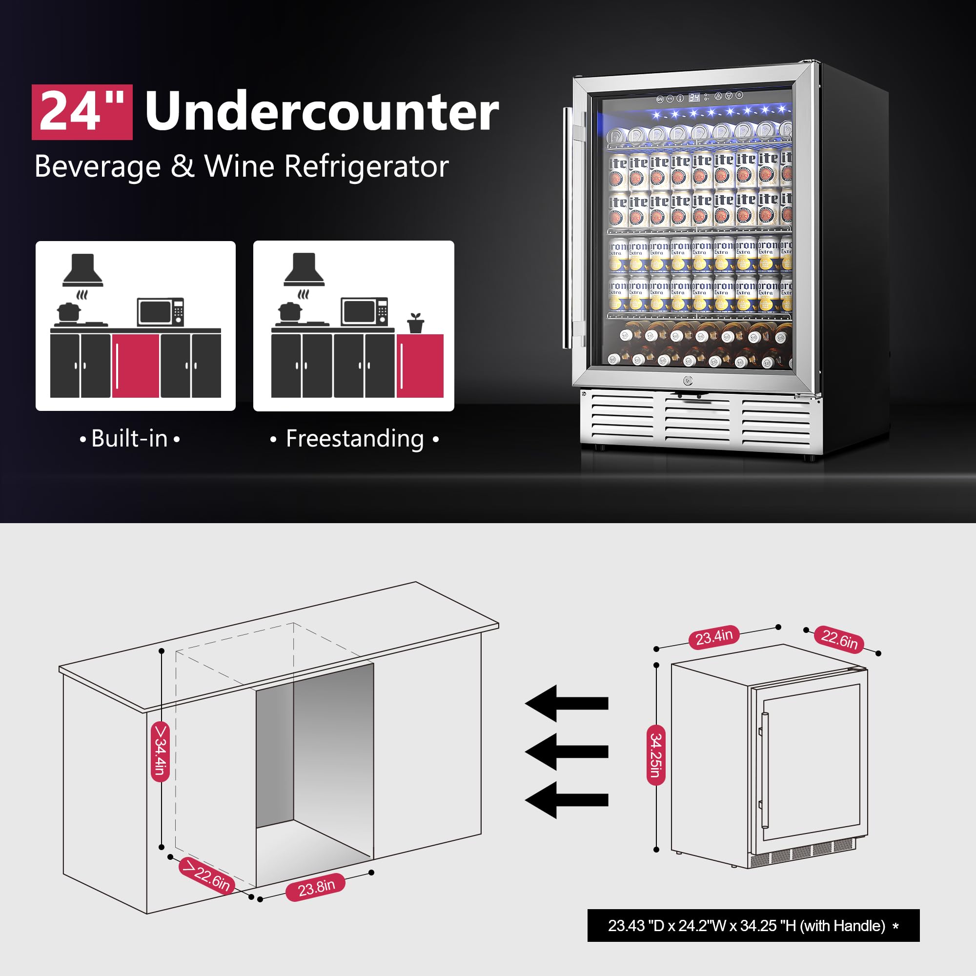 24 Inch Built-In Beverage Refrigerator - 180 Can Capacity Under Counter Beer Cooler with Glass Door for Soda, Wine, Water - Perfect for Kitchen, Office, Bar & Entertainment Areas