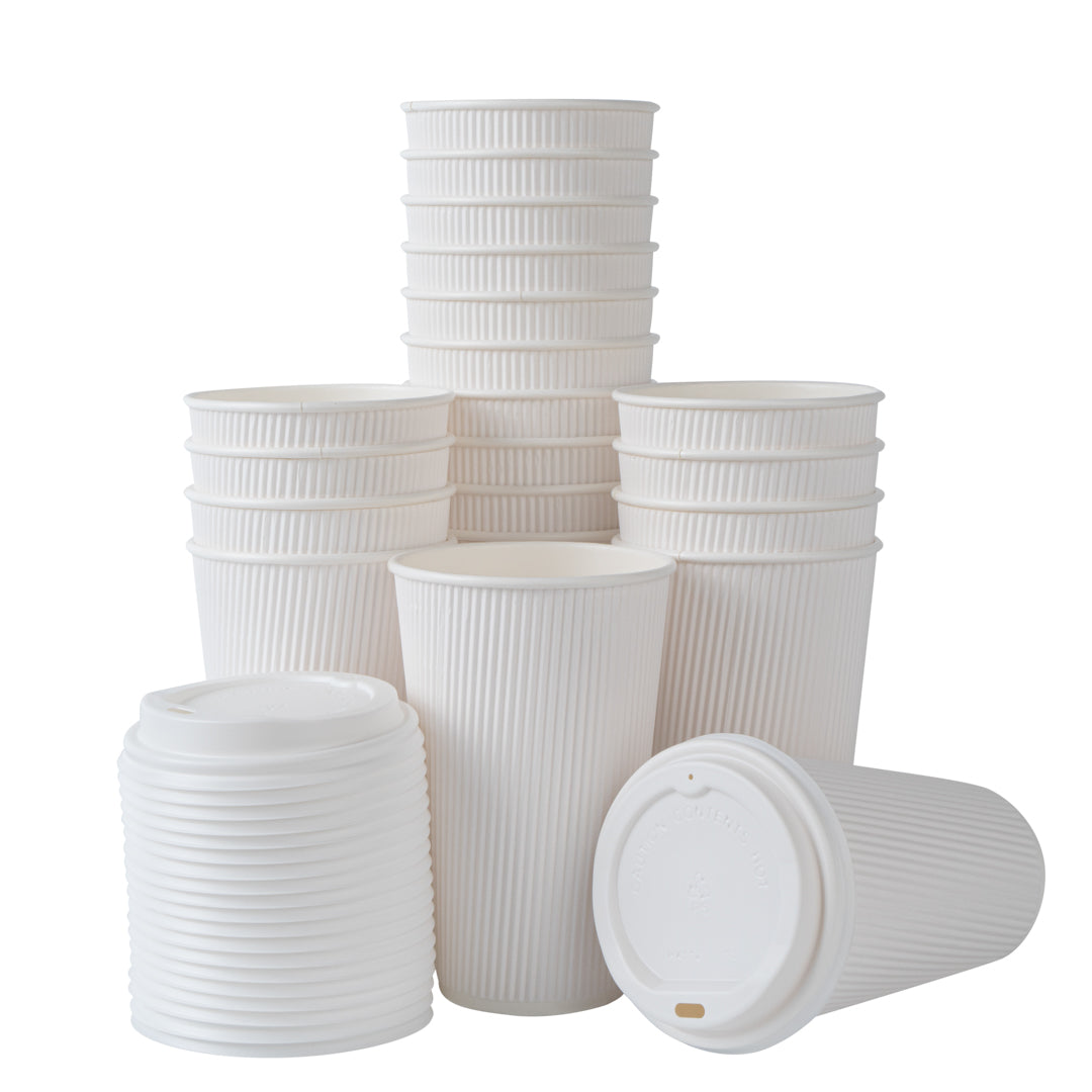 16 oz White Paper Ripple Wall Coffee Cups with White Lids - 3.5