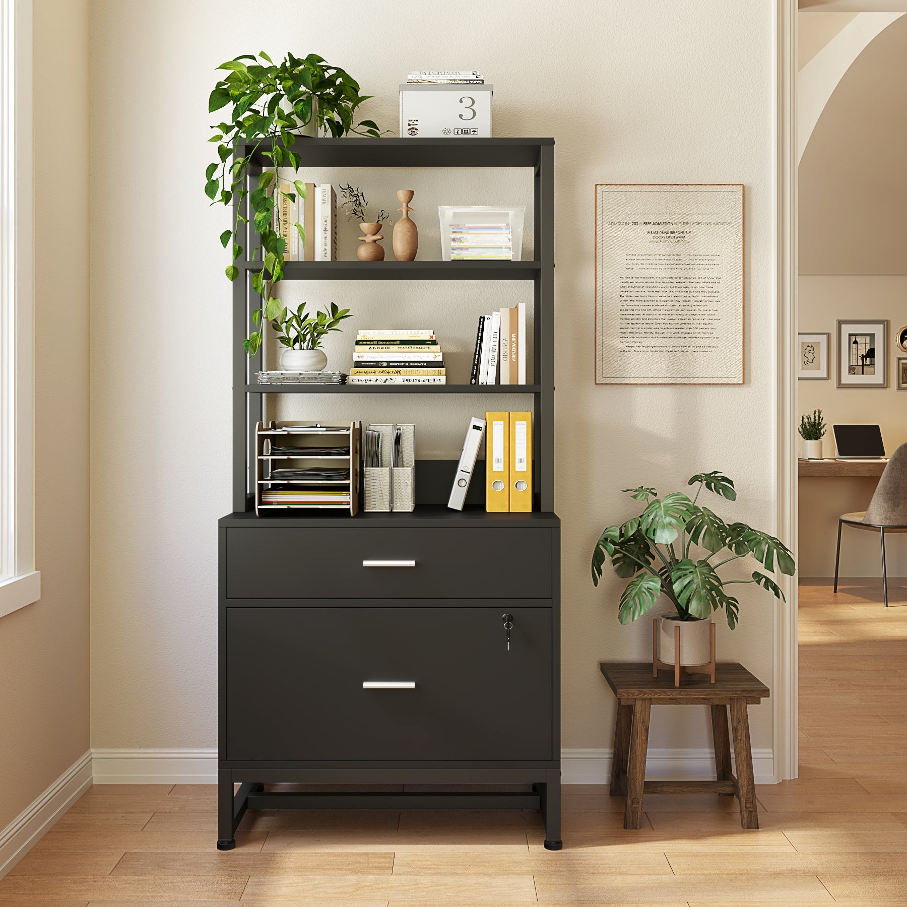2 Drawer File Cabinet with Lock - Vertical Metal Filing Cabinet & Bookshelf Organizer for Office, Home, or School - Secure Document Storage & Space-Saving Design