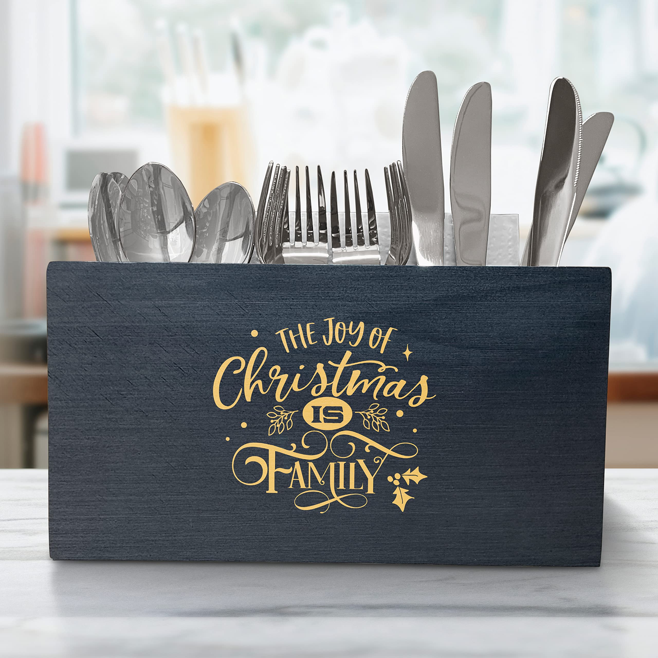 Farmhouse Wooden Utensil Organizer Box - Countertop Kitchen Decor with Christmas Quote - Flatware & Cooking Utensil Caddy for Spoons, Forks & Knives - Perfect for Holiday Decor, Rustic Kitchens & Farmhouse Style Homes