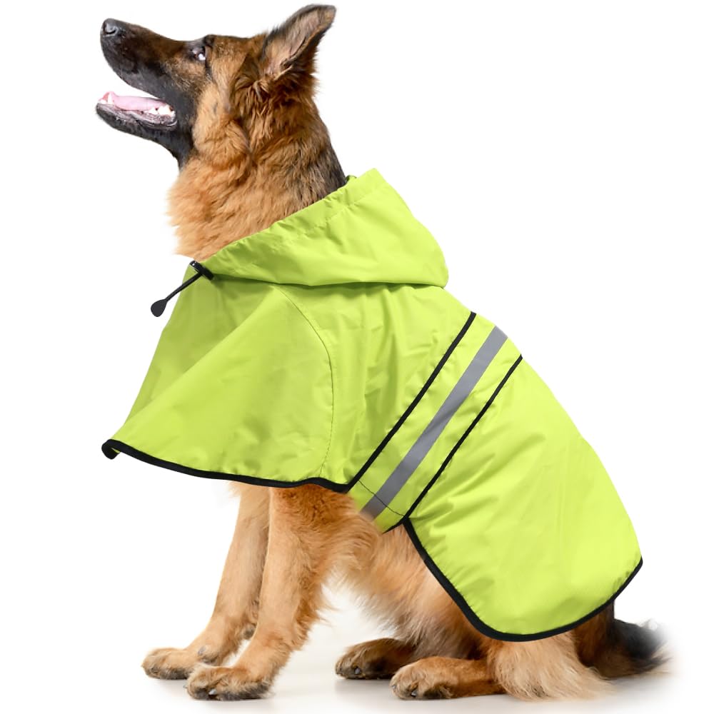 Waterproof Dog Raincoat - Adjustable Lightweight Hooded Rain Poncho for Small to X-Large Dogs & Puppies | Outdoor Walking, Hiking & Rainy Day Protection (Neon Green, Large)