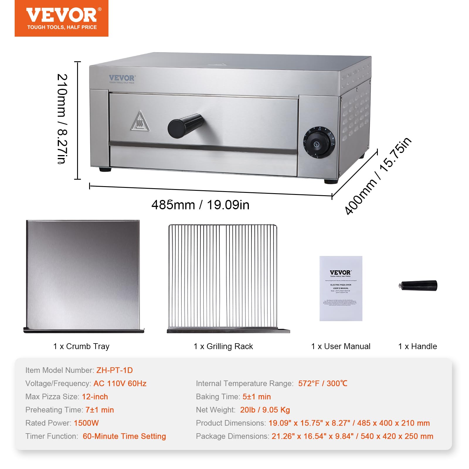 VEVOR 12-inch Electric Countertop Pizza Oven - 1500W Commercial & Home Pizza Maker with Timer, Stainless Steel & Removable Crumb Tray - Perfect for Restaurants, Pizzerias, and Family Pizza Nights - ETL Certified