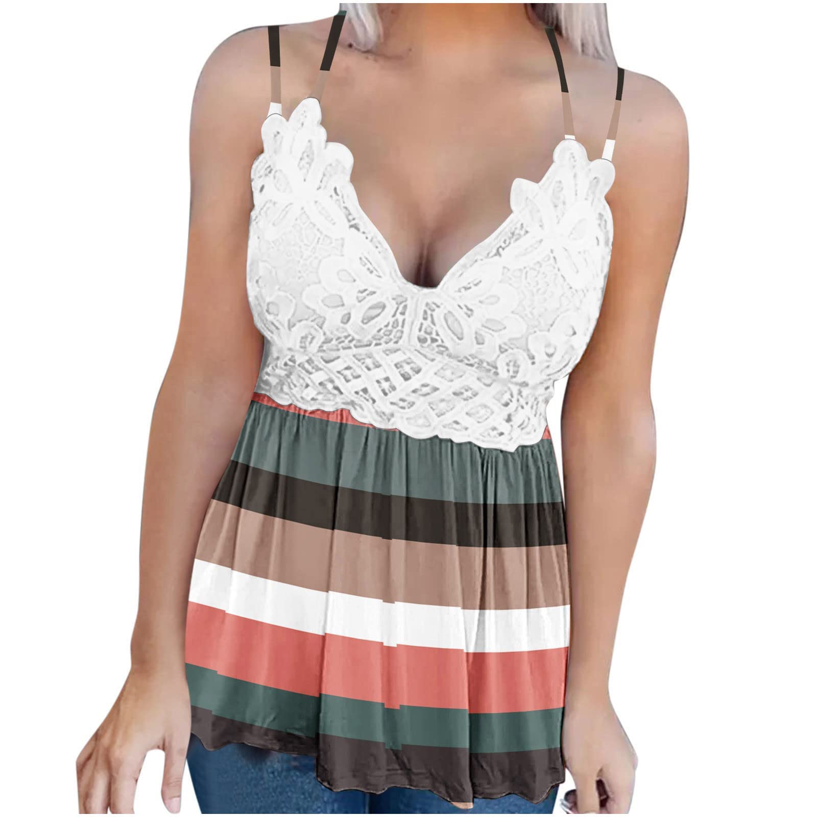 Women's Fashion Lace Patchwork Printed Vest Sleeveless Blouse with Suspenders - Casual Going Out Tops for Summer, Date Night & Party Wear