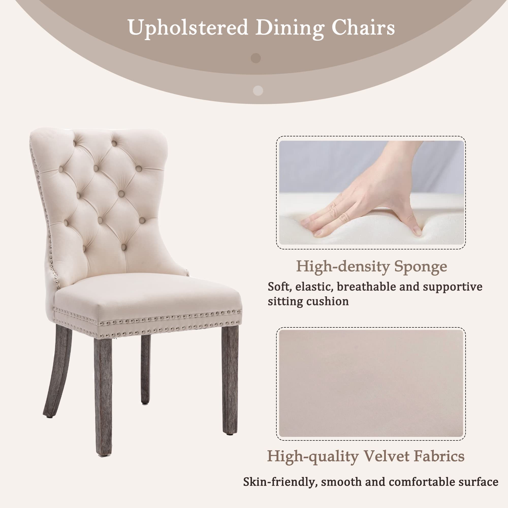KCC Velvet Dining Chairs Set of 4 - Upholstered Tufted High Back Dining Chairs with Nailhead Trim & Solid Wood Legs, Modern Kitchen Dining Room Chairs for Home, Restaurant, Cafe - Beige Velvet Nikki Collection