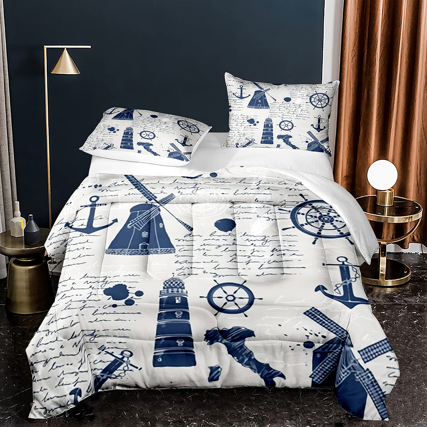 Nautical Twin Size Bedding Set 2 Pcs - Anchor Windmill Lighthouse Themed Comforter & Pillow Sham for Boys Girls - Perfect for Coastal, Beach House or Sailor Themed Bedrooms