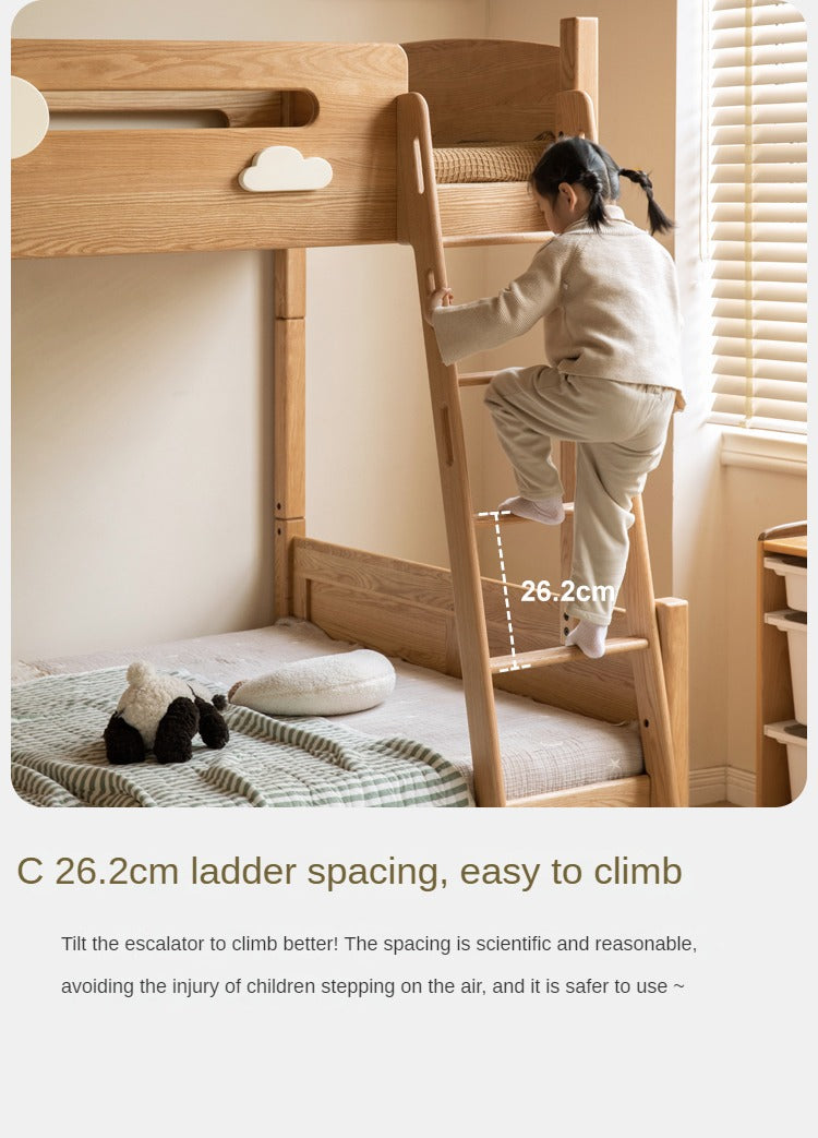Solid Oak Wood Multi-Functional Bunk Bed with Ladder & Guardrails - Space-Saving Kids Bedroom Furniture for Siblings or Sleepovers