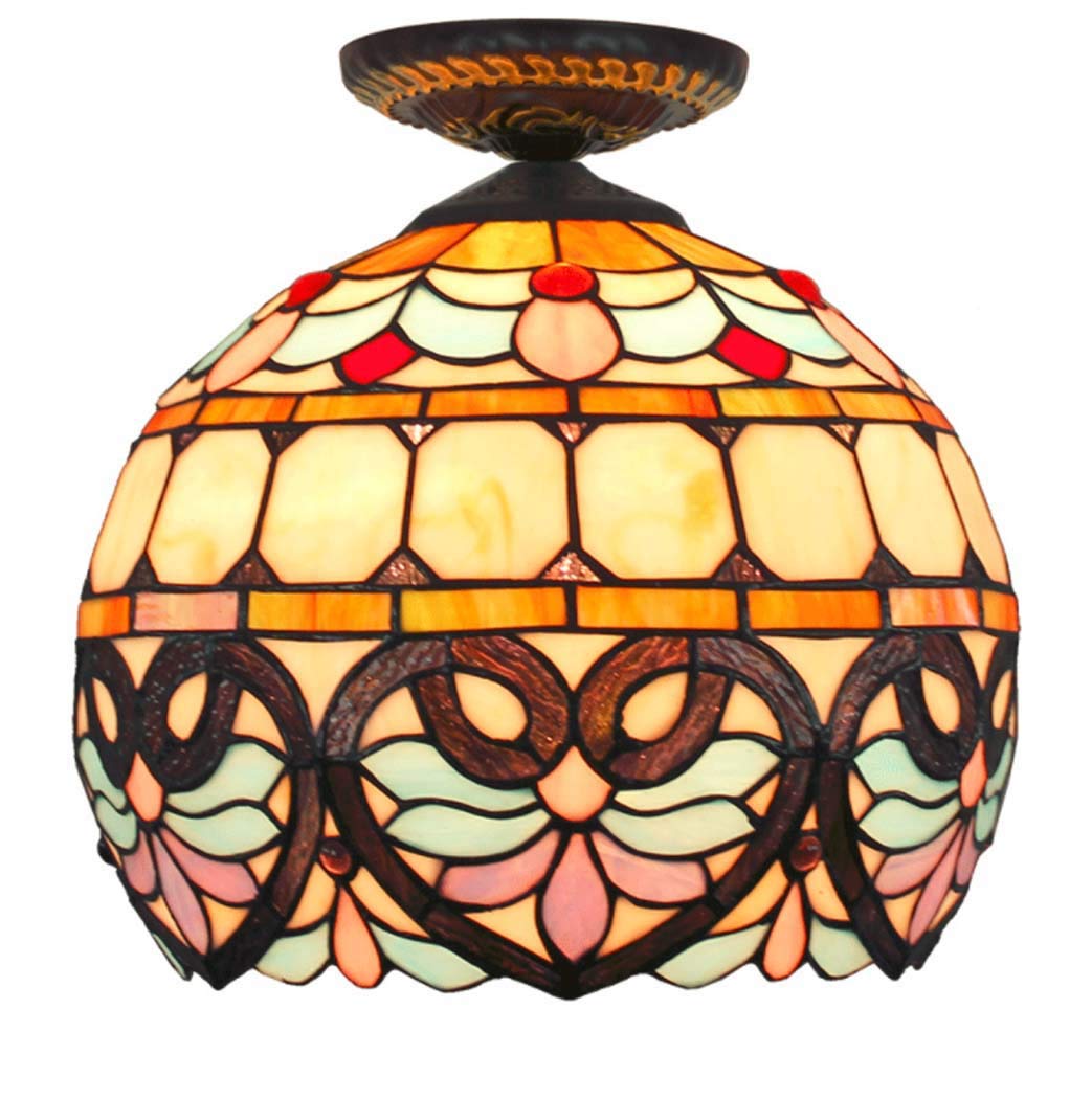 12-Inch Tiffany Style Stained Glass Flush Mount Ceiling Light - Baroque Inspired Love-Themed Lighting Fixture for Living Room, Corridor, Porch, Balcony & Entrance - 110-240V, E27 Socket, 40W - Perfect for Vintage Home Decor, Romantic Ambiance & Victorian Style Interiors