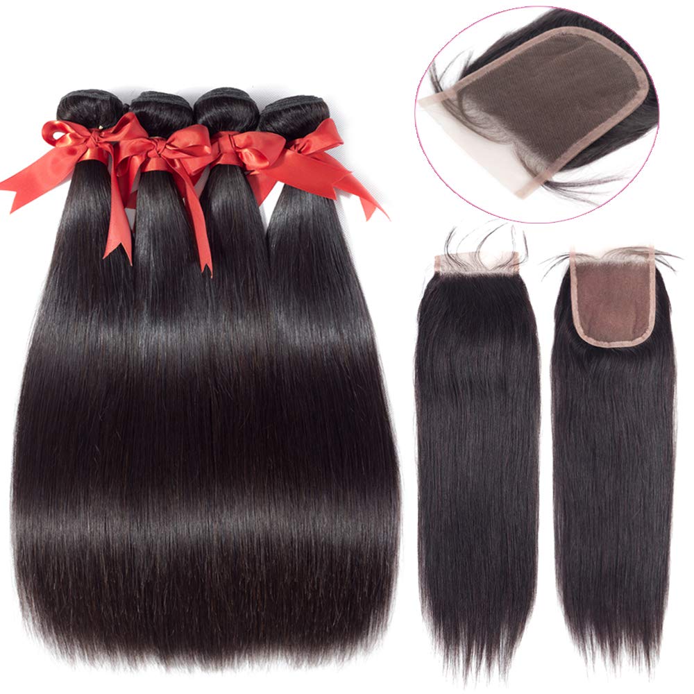 100% Brazilian Virgin Straight Human Hair Bundles with Lace Closure (24 26 28+20) - 3 Bundles Natural Black Hair Extensions for Styling, Weaving & Daily Wear - Perfect for Parties, Weddings & Professional Looks