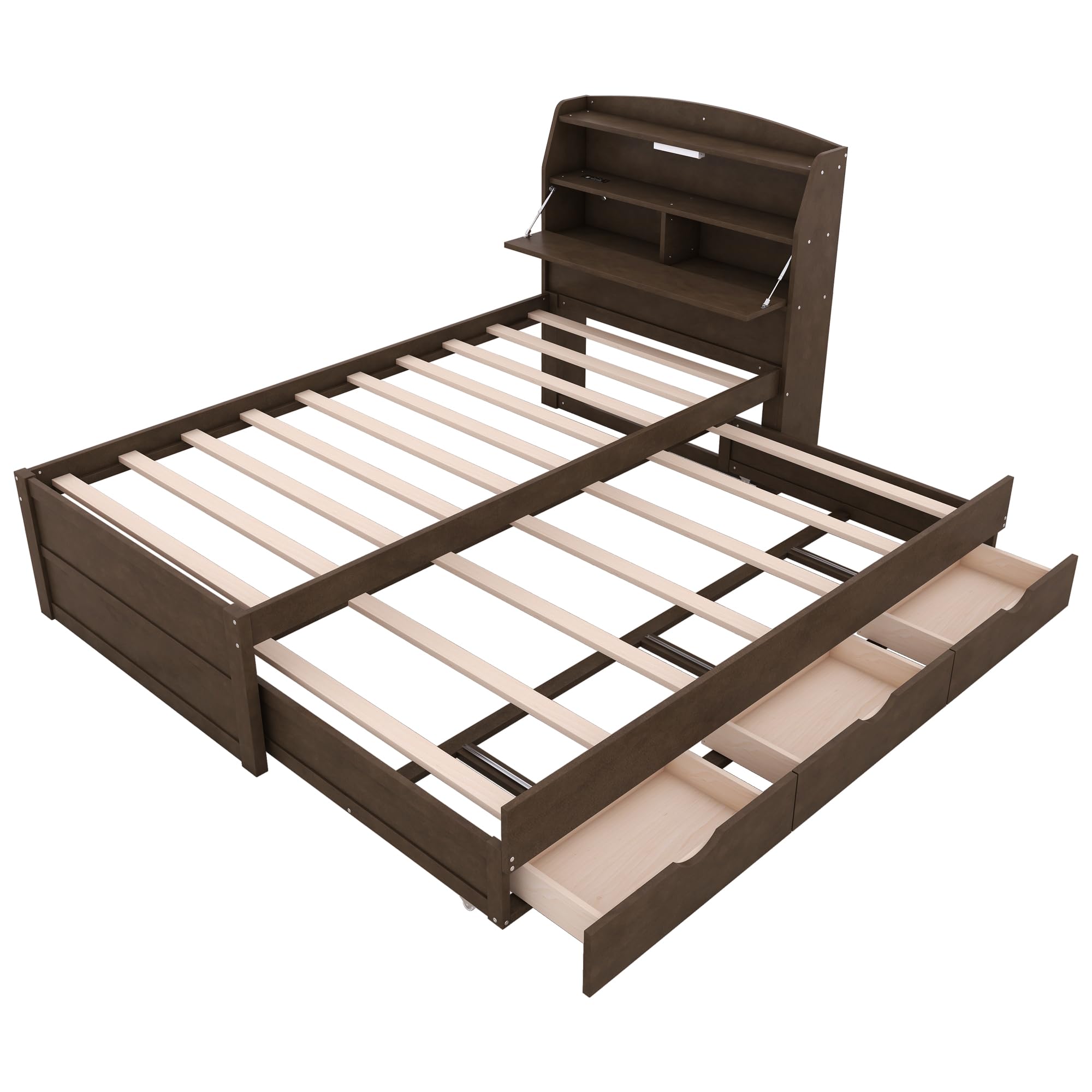Wooden Twin Bed Frame with Trundle & Bookcase Headboard - Twin Size Captain Platform Bed with USB Charging Station & LED Lights for Kids, Teens, Boys & Girls - Brown - Perfect for Small Bedrooms, Guest Rooms & Kids' Rooms