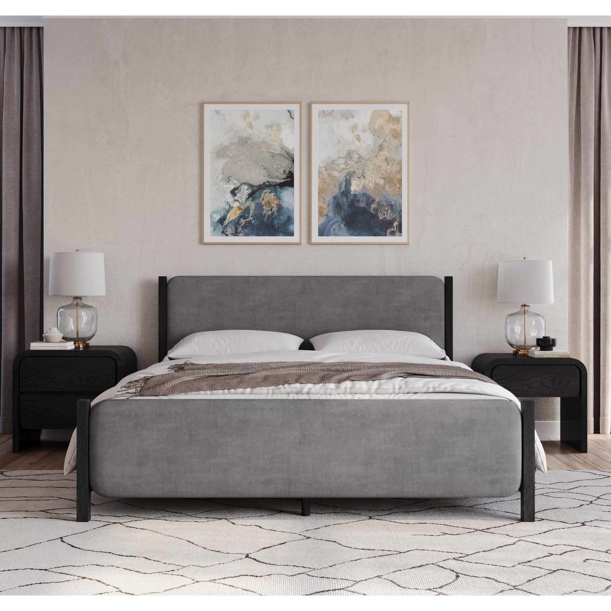 Elora Wood and Velvet Upholstered Queen Bed Frame - Dark Gray & Black Modern Platform Bed with Upholstered Headboard - Perfect for Master Bedroom, Guest Room or Apartment