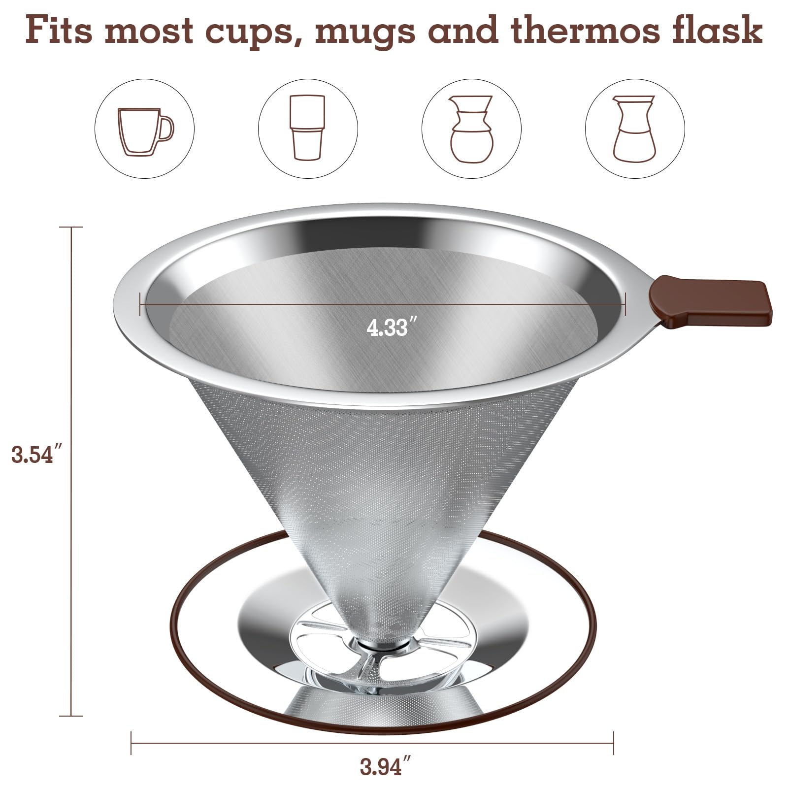 Stainless Steel Pour Over Coffee Maker with Reusable Filter - Drip Cone Brewer for 3-4 Cups, Non-Slip Handle & Rubber Ring - Perfect for Home, Office & Camping Coffee Brewing