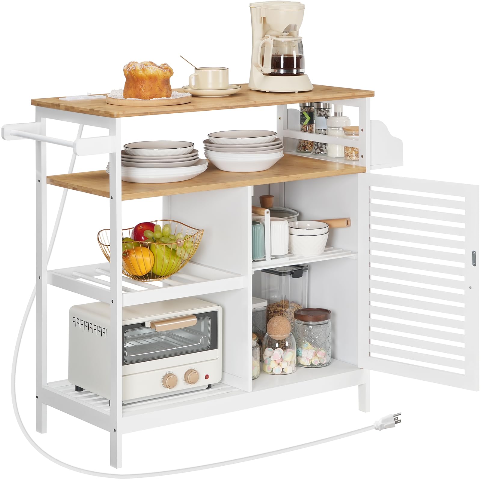 HOOBRO White and Natural Kitchen Island with Storage, Power Outlet, 4-Tier Coffee Station & Microwave Stand - Large Worktop Kitchen Cart for Home, Dining Room | Perfect for Small Spaces, Entertaining & Coffee Bar Setup
