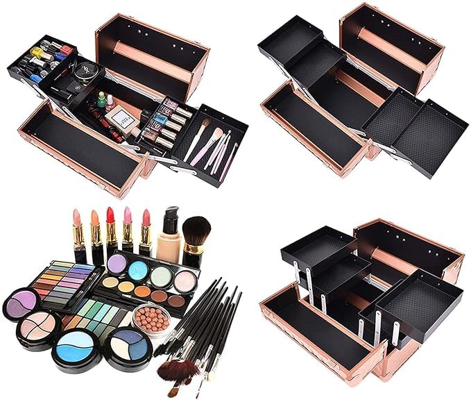 Professional Beauty Makeup Cosmetic Vanity Case - Diamond Cut Rose Gold Travel Organizer for Makeup Brushes & Cosmetics | Perfect for Home, Salon & Travel Use