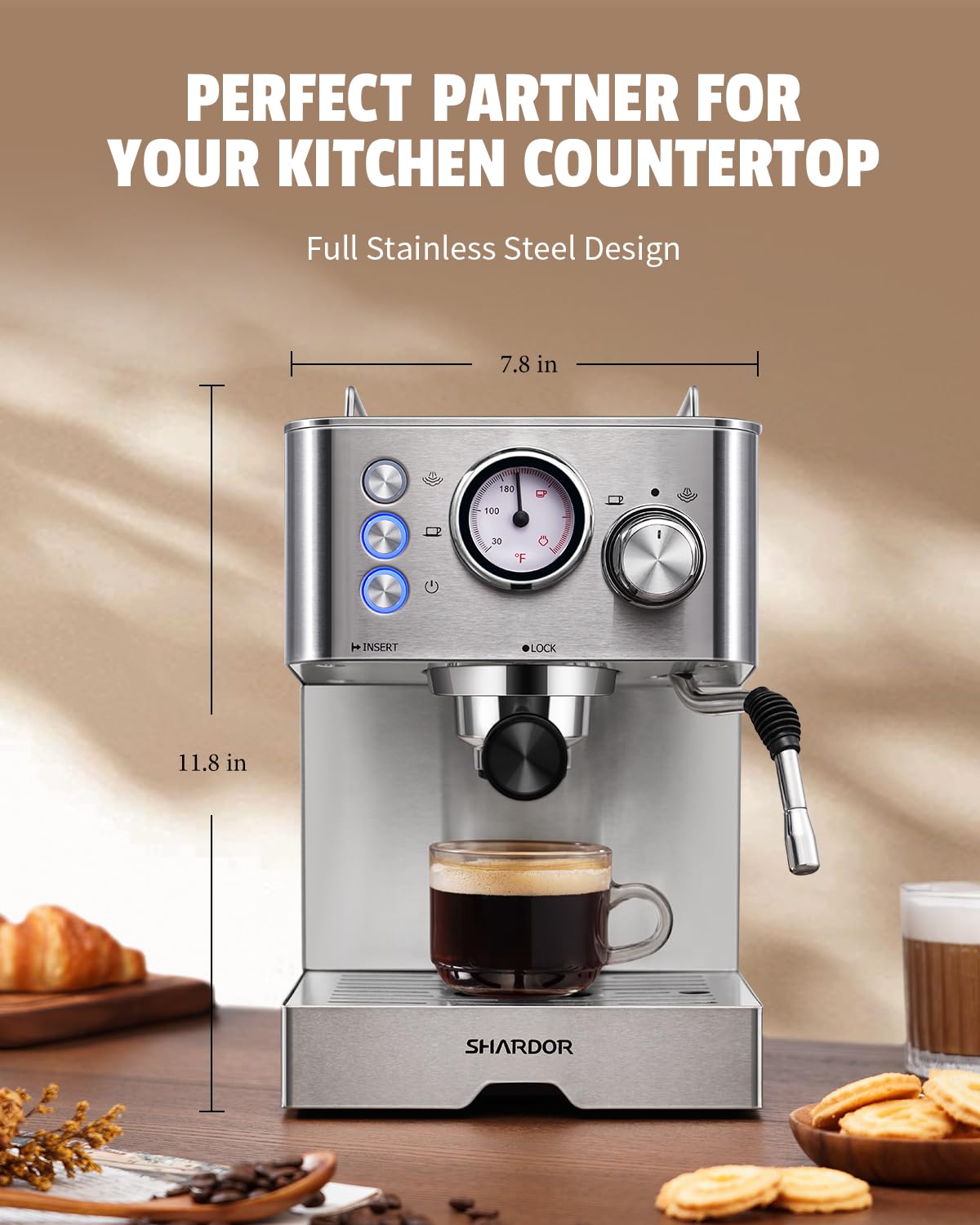 SHARDOR 20 Bar Pressure Espresso Machine with Milk Frother - Fast Heating Professional Coffee Maker for Home - Stainless Steel Latte & Cappuccino Maker with 50oz Removable Water Tank (1100W) - Perfect for Coffee Shops, Offices & Home Kitchens