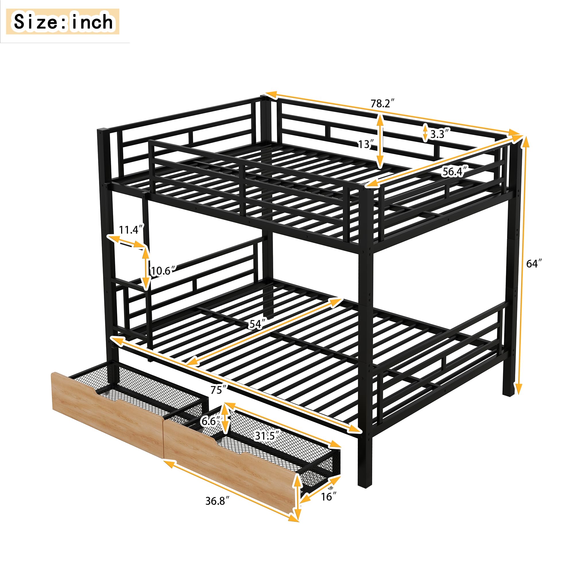 Full Over Full Bunk Bed with 2 Storage Drawers - Heavy Duty Metal Bunk Bed Frame with Safety Guard Rails & Ladder for Kids, Teens & Adults - Convertible to 2 Separate Beds - Space-Saving Black Bunk Bed for Small Rooms, Dorms & Guest Bedrooms