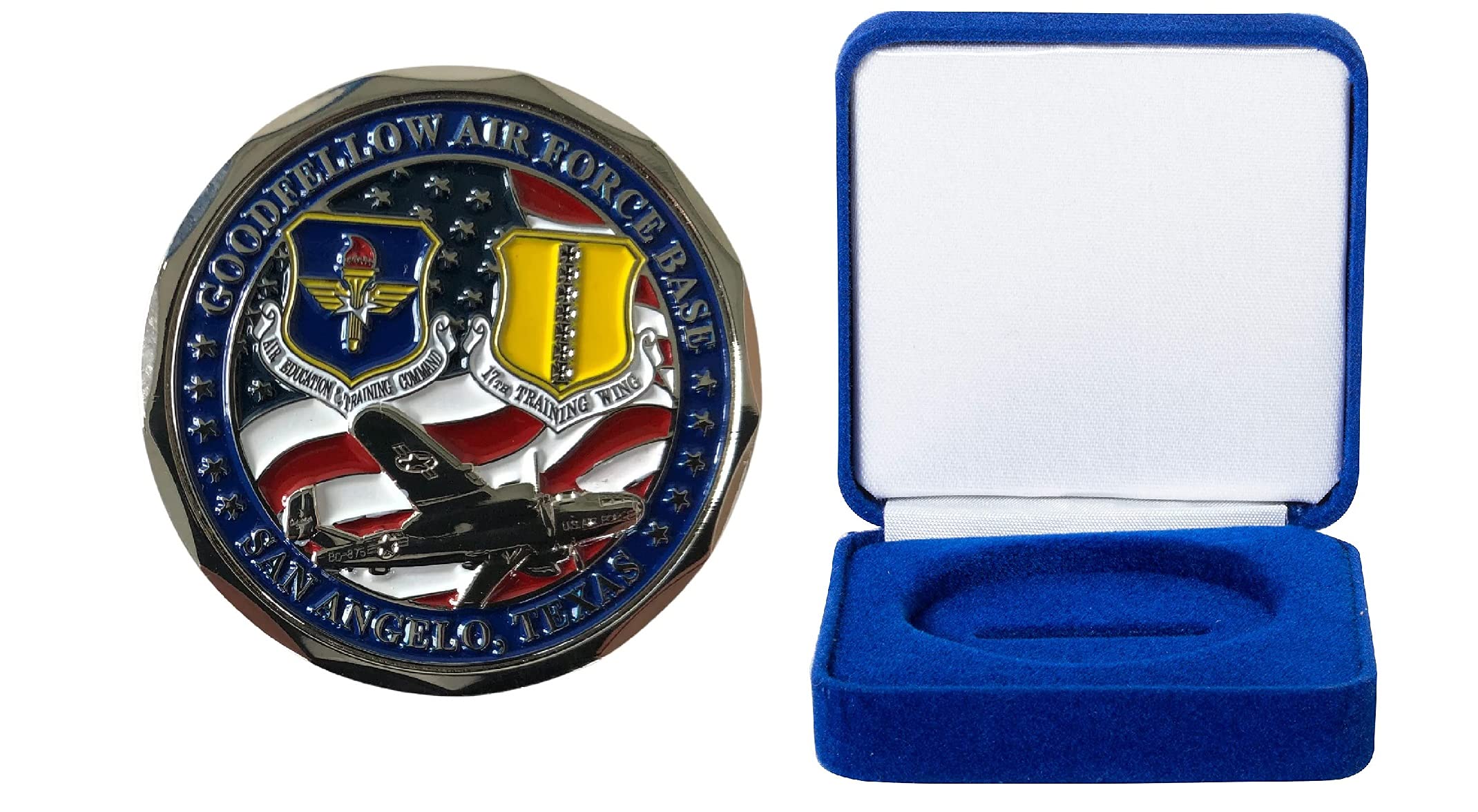 USAF Goodfellow Air Force Base Challenge Coin with Blue Velvet Display Box - Military Collectible Gift for Veterans, Airmen & Enthusiasts - Perfect for Display, Commemoration & Special Occasions