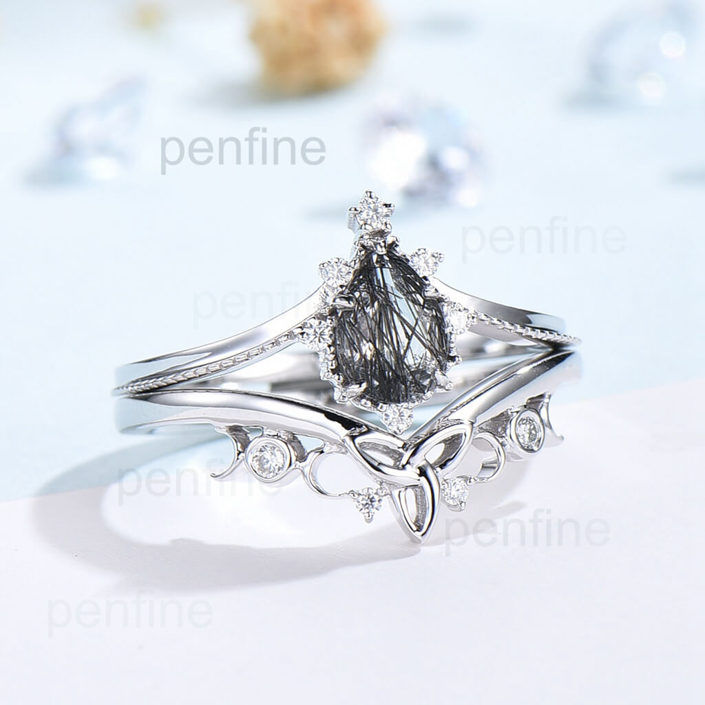 Vintage Art Deco Black Rutilated Quartz Engagement Ring Set - 2 Piece Bridal Wedding Band for Women, Perfect for Proposals, Anniversaries & Special Occasions