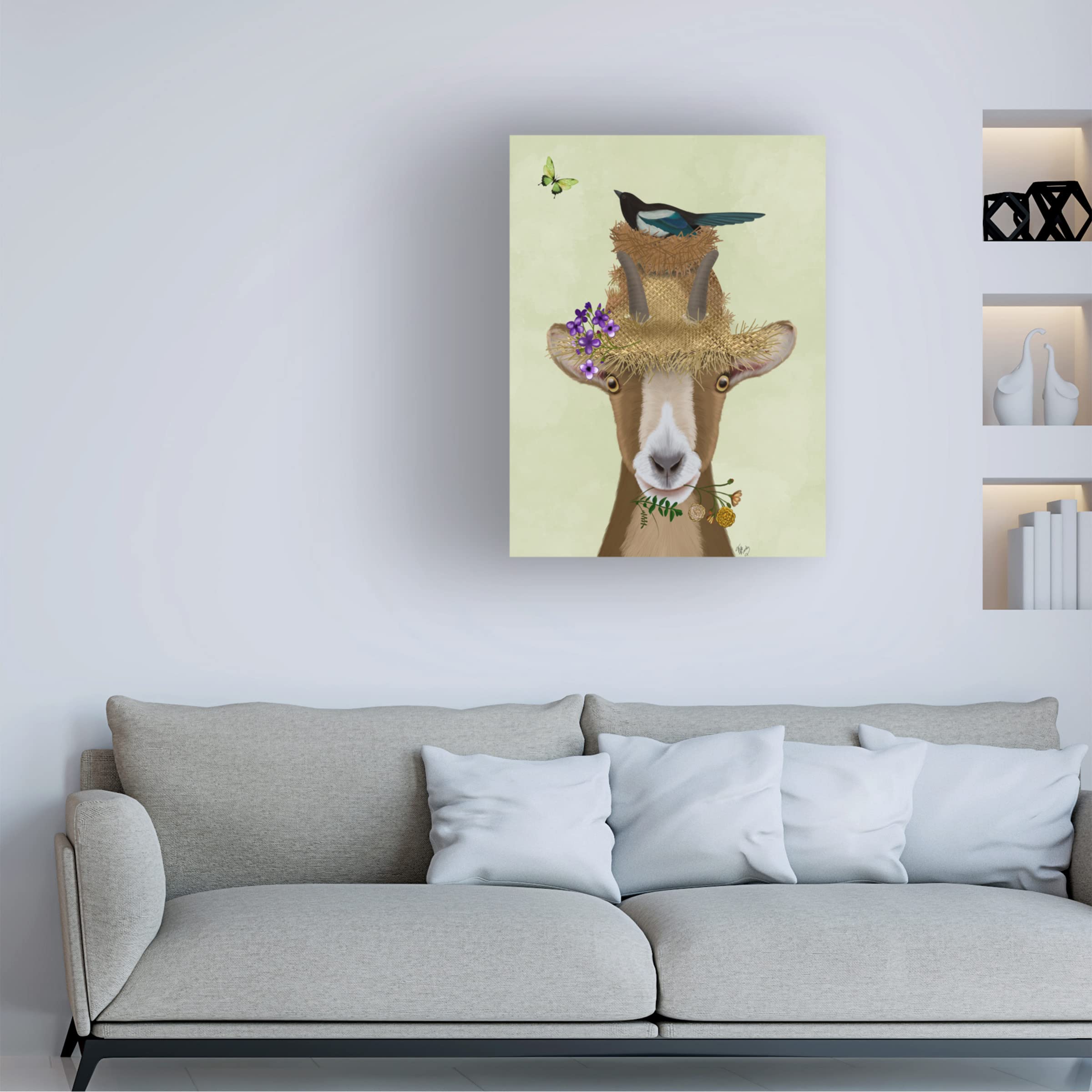 Fab Funky 'Goat In Straw Hat' Canvas Wall Art Print - Farmhouse Animal Decor for Living Room, Bedroom & Office